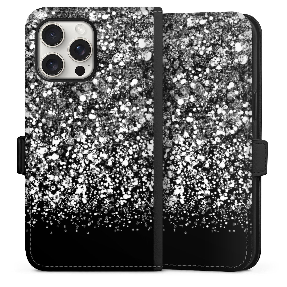 iPhone 15 Pro Max Handy Klapphülle Handyhülle aus Kunst Leder schwarz Flip Case Glitzer Snowflake Muster Sideflip mit Lasche