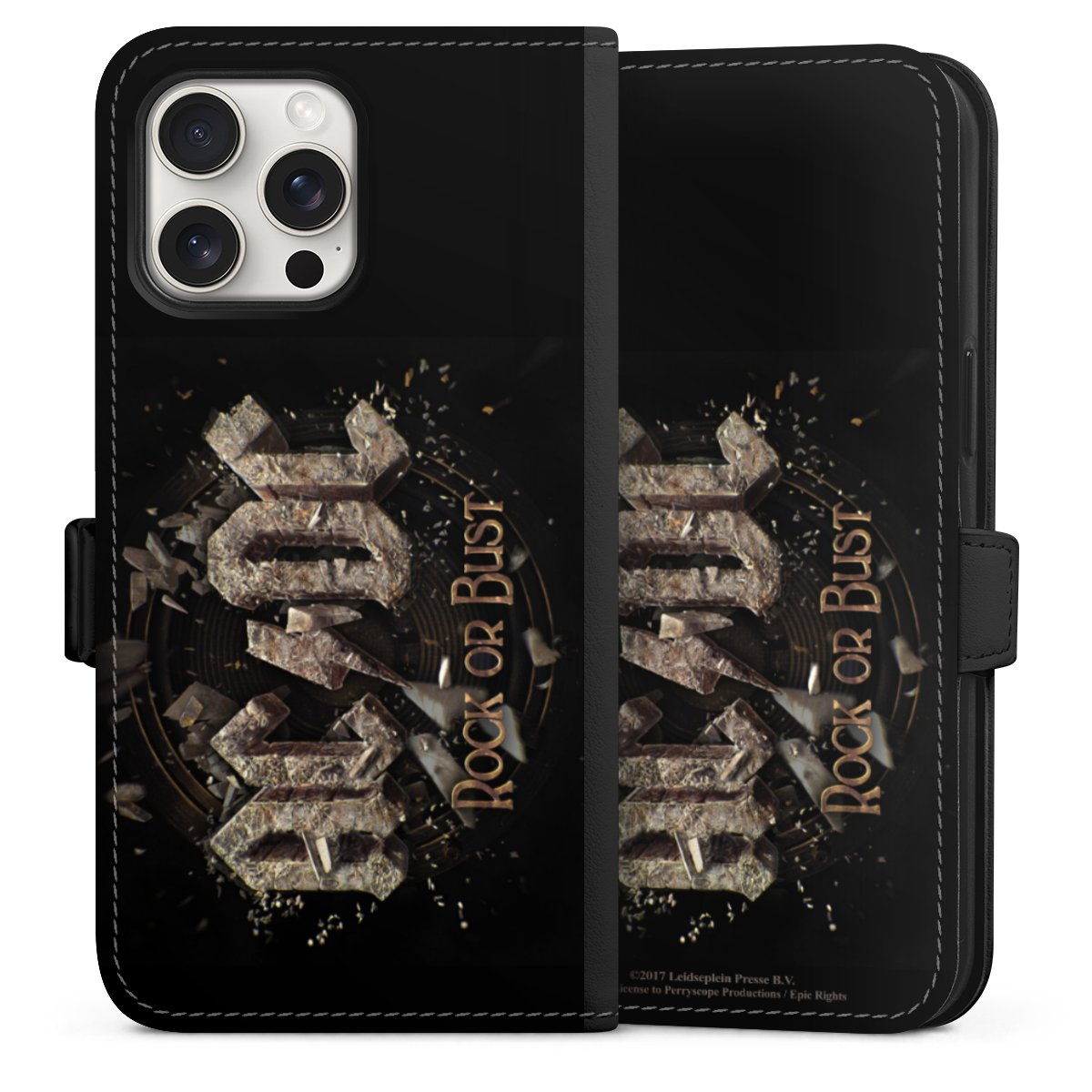 iPhone 15 Pro Max Handy Klapphülle Handyhülle aus Kunst Leder schwarz Flip Case Acdc Official Licensed Product Rock Or Bust Sideflip mit Lasche