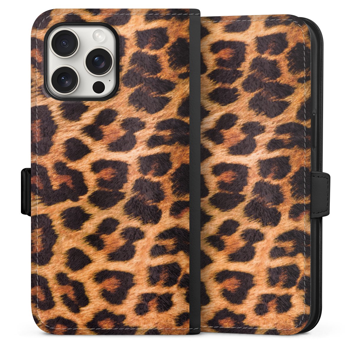 iPhone 15 Pro Max Handy Klapphülle Handyhülle aus Kunst Leder schwarz Flip Case Animal Print Leopard Fur Sideflip mit Lasche