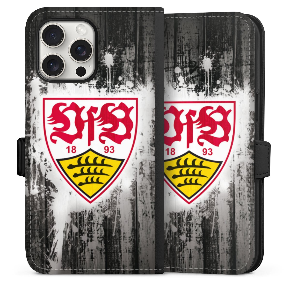 iPhone 15 Pro Max Handy Klapphülle Handyhülle aus Kunst Leder schwarz Flip Case Vfb Stuttgart Official Licensed Product Sideflip mit Lasche