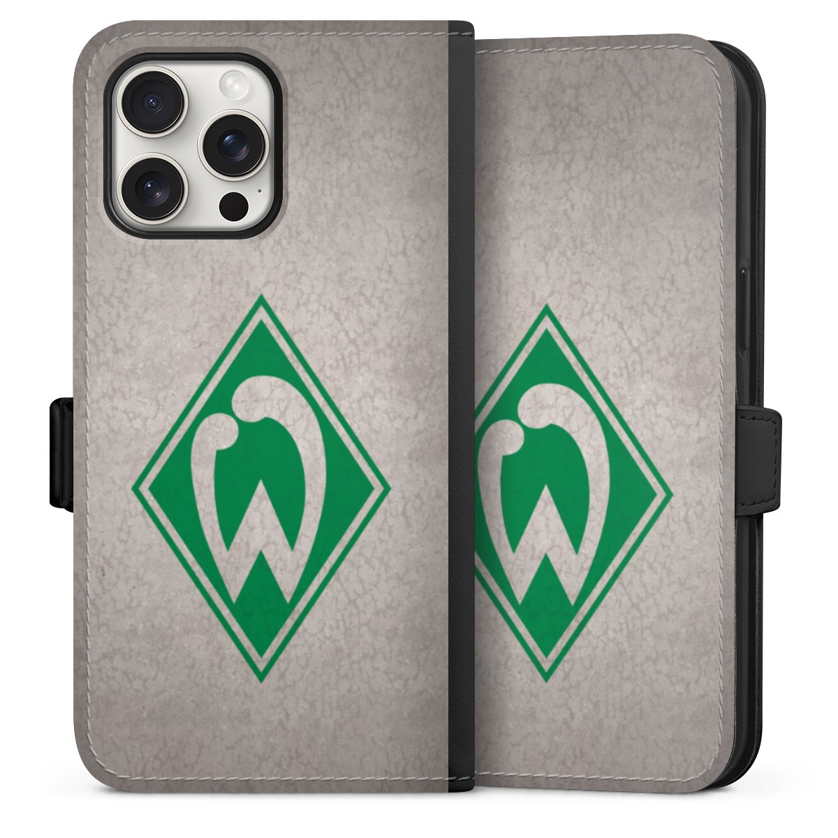 iPhone 15 Pro Max Handy Klapphülle Handyhülle aus Kunst Leder schwarz Flip Case Sv Werder Bremen Concrete Official Licensed Product Sideflip mit Lasche