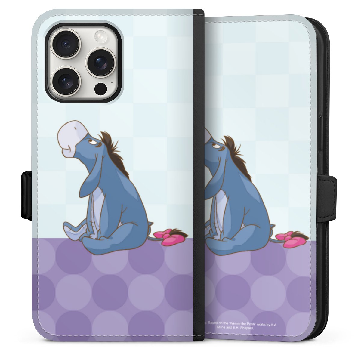 iPhone 15 Pro Max Handy Klapphülle Handyhülle aus Kunst Leder schwarz Flip Case Disney Donkey Winnie The Pooh Sideflip mit Lasche