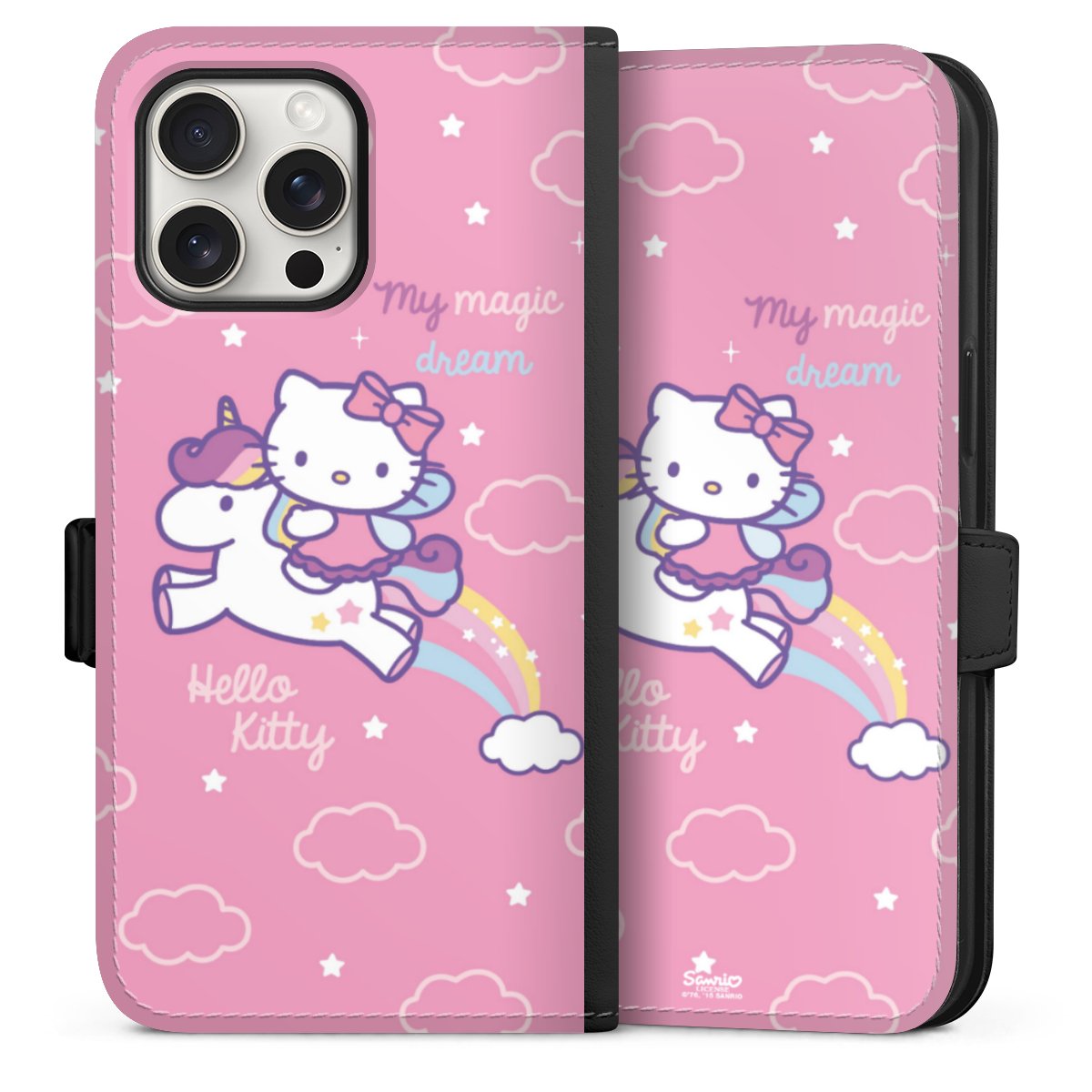 iPhone 15 Pro Max Handy Klapphülle Handyhülle aus Kunst Leder schwarz Flip Case Einhorn Official Licensed Product Hello Kitty Sideflip mit Lasche