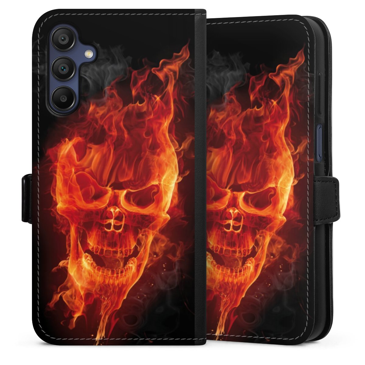 Galaxy A15 5G Handy Klapphülle Handyhülle aus Kunst Leder schwarz Flip Case Totenkopf Skull Fire Sideflip mit Lasche