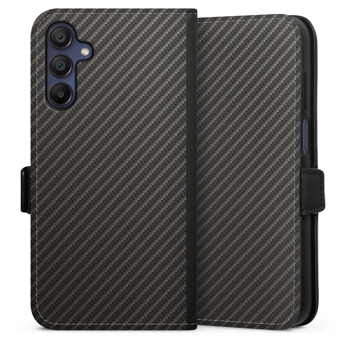 Galaxy A15 5G Handy Klapphülle Handyhülle aus Kunst Leder schwarz Flip Case Metallic Look Carbon Muster Sideflip mit Lasche