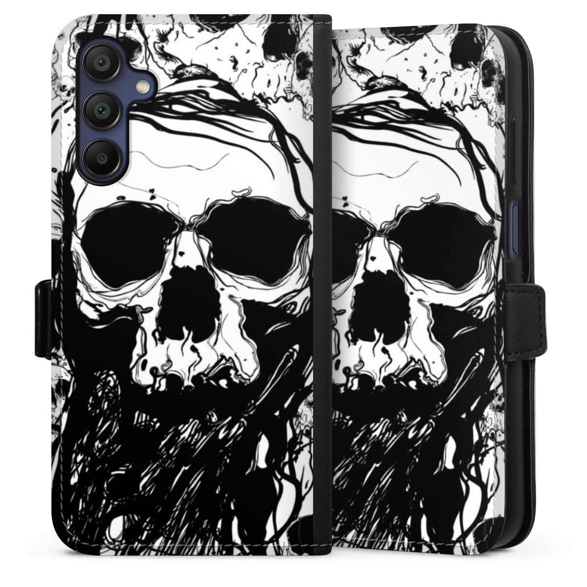 Galaxy A15 5G Handy Klapphülle Handyhülle aus Kunst Leder schwarz Flip Case Totenkopf Halloween Sideflip mit Lasche