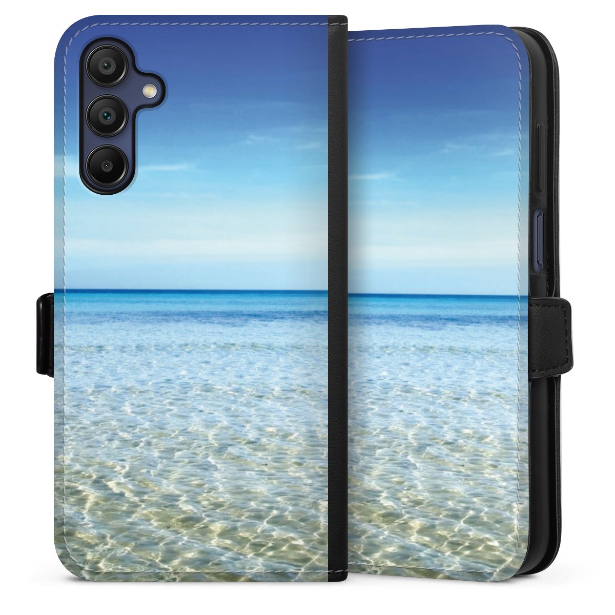 Galaxy A15 5G Handy Klapphülle Handyhülle aus Kunst Leder schwarz Flip Case Urlaub Sky Ocean Sideflip mit Lasche