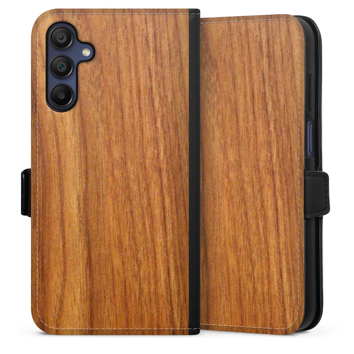 Galaxy A15 5G Handy Klapphülle Handyhülle aus Kunst Leder schwarz Flip Case Wood Larch Wooden Look Sideflip mit Lasche