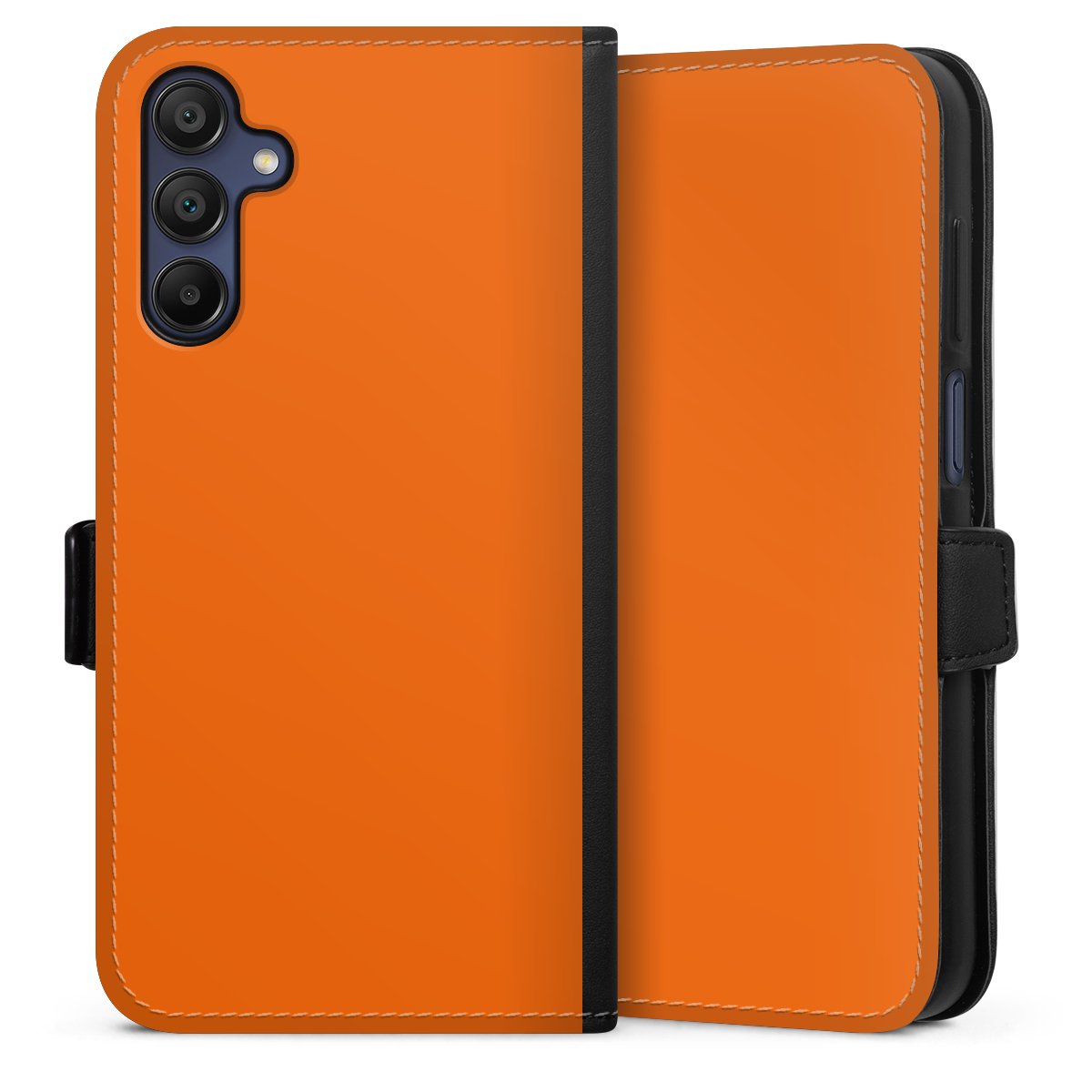 Galaxy A15 5G Handy Klapphülle Handyhülle aus Kunst Leder schwarz Flip Case Orange Colour Unicoloured Sideflip mit Lasche