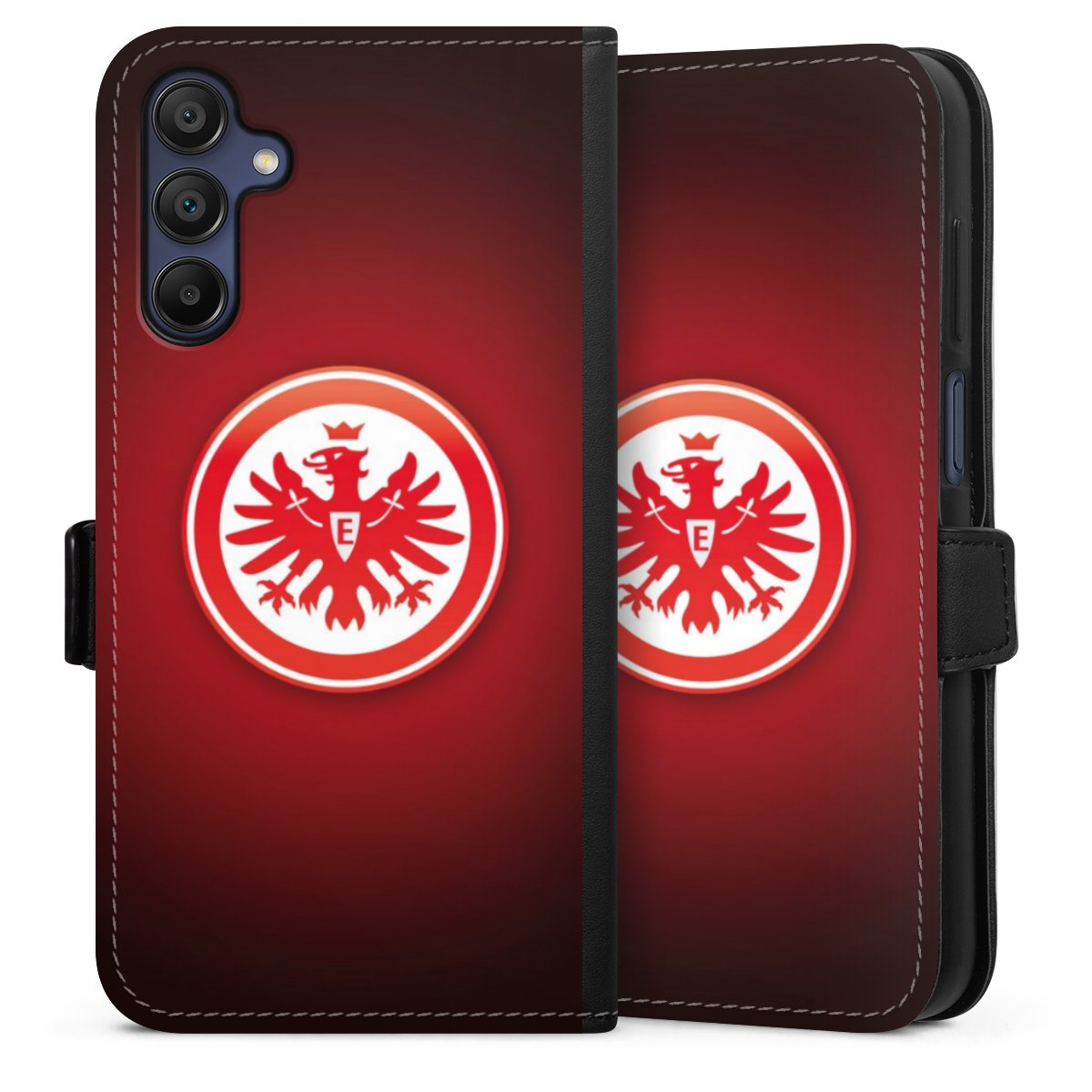 Galaxy A15 5G Handy Klapphülle Handyhülle aus Kunst Leder schwarz Flip Case Eintracht Frankfurt Official Licensed Product Coat Of Arms Sideflip mit Lasche