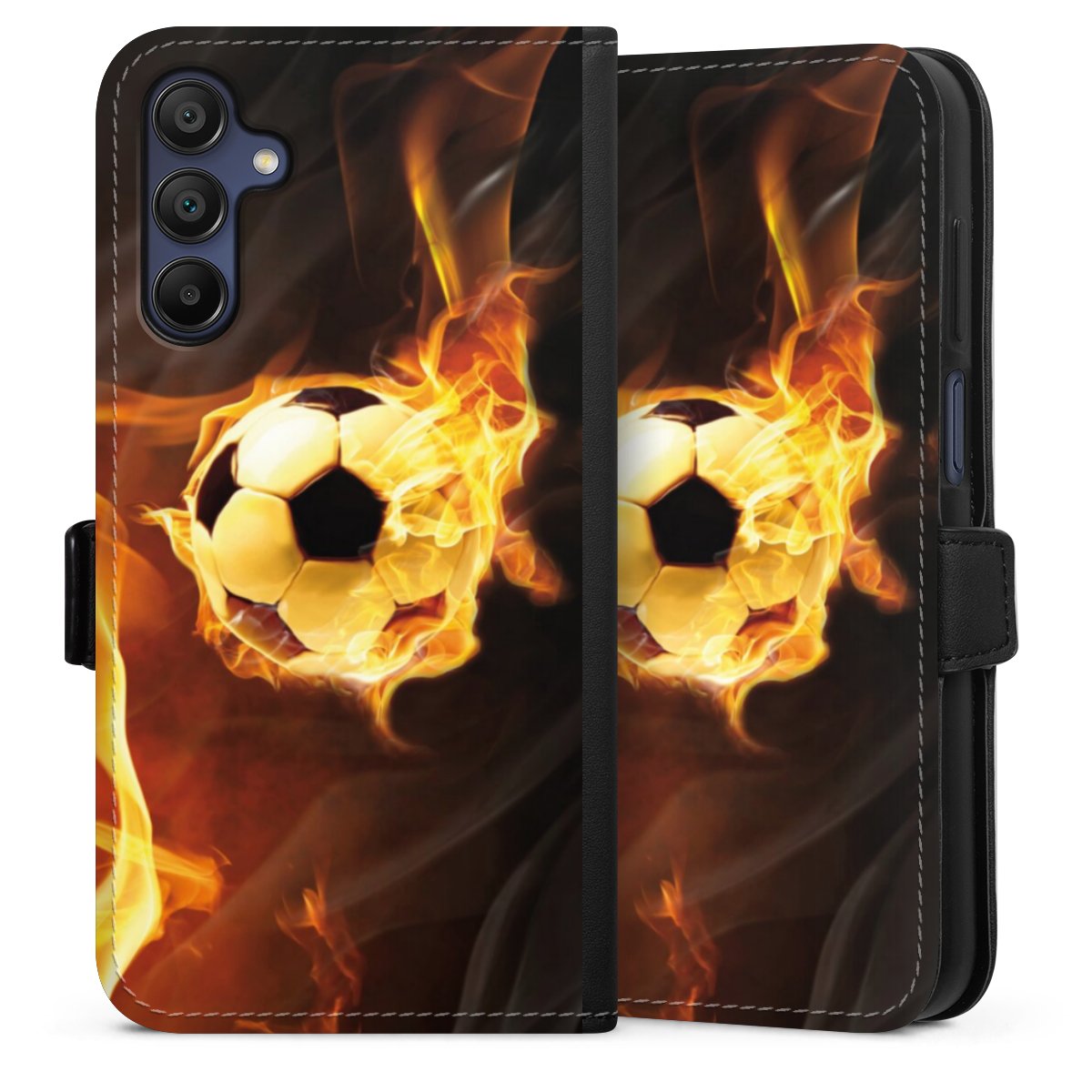 Galaxy A15 5G Handy Klapphülle Handyhülle aus Kunst Leder schwarz Flip Case Ball Fire Soccer Sideflip mit Lasche