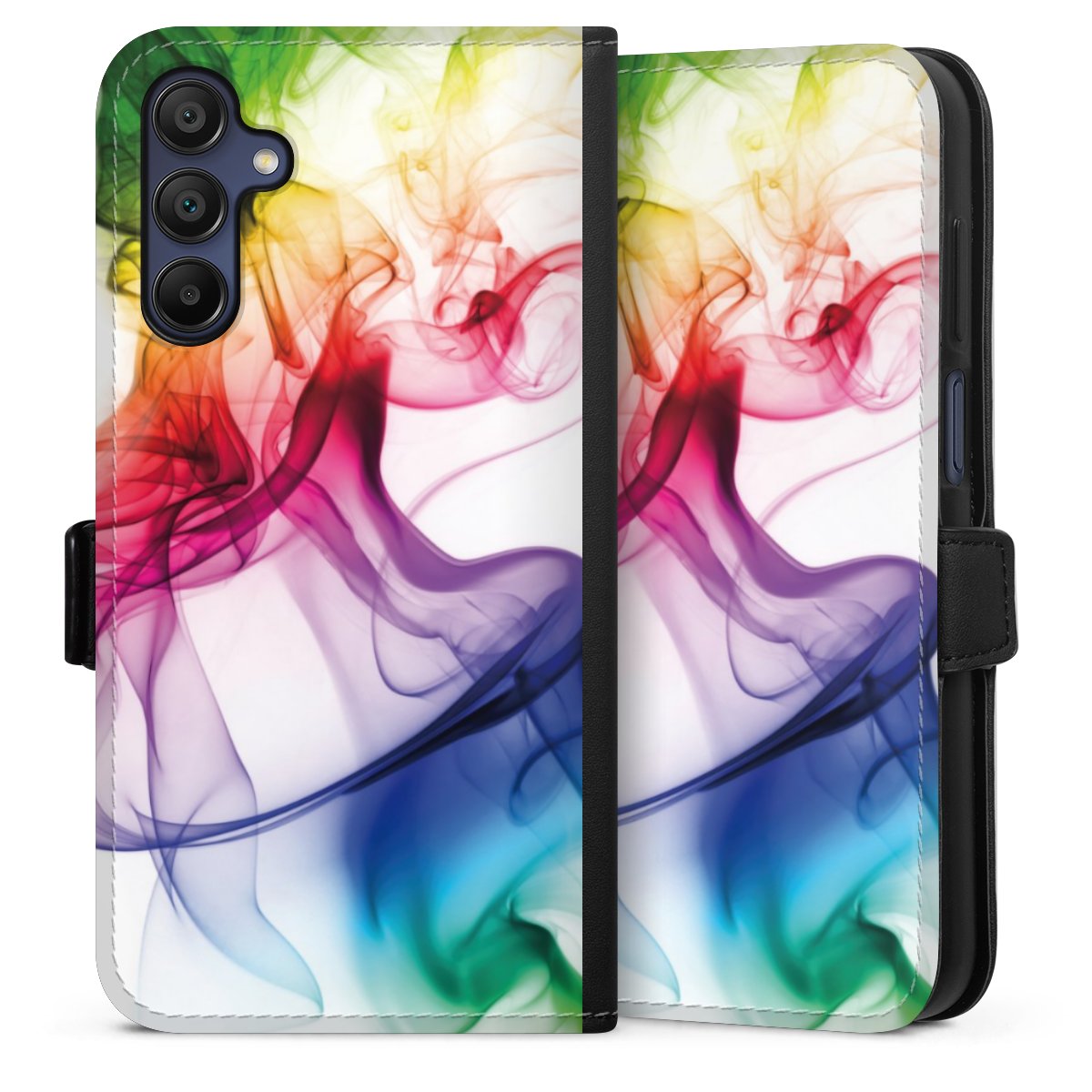 Galaxy A15 5G Handy Klapphülle Handyhülle aus Kunst Leder schwarz Flip Case Water Colour Rainbow Sideflip mit Lasche