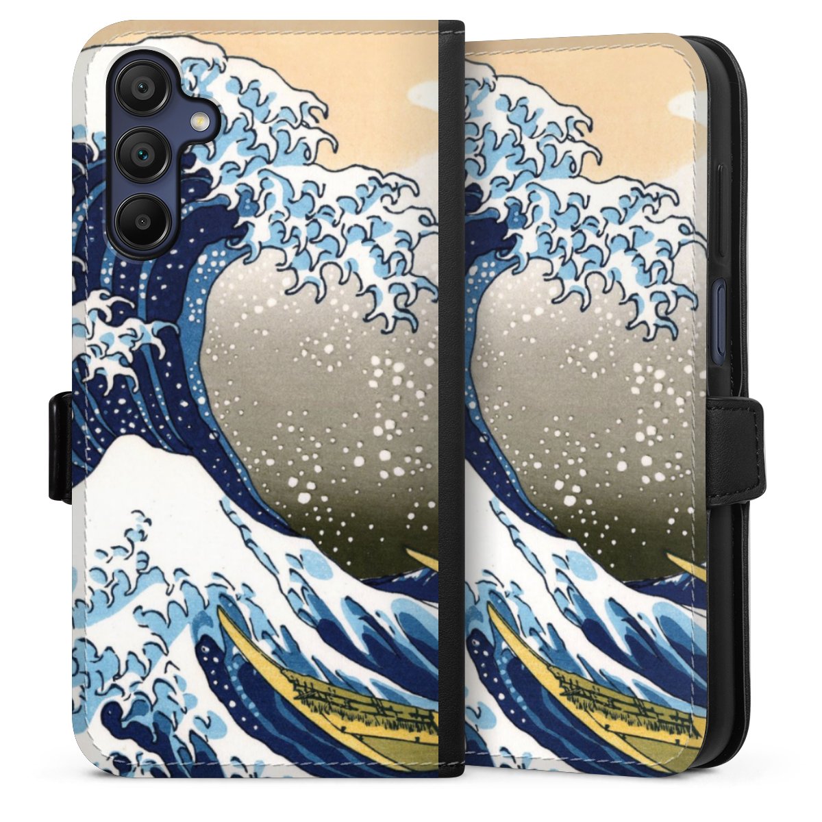 Galaxy A15 5G Handy Klapphülle Handyhülle aus Kunst Leder schwarz Flip Case Kunst Katsushika Hokusai Die Große Welle Vor Kanagawa Sideflip mit Lasche