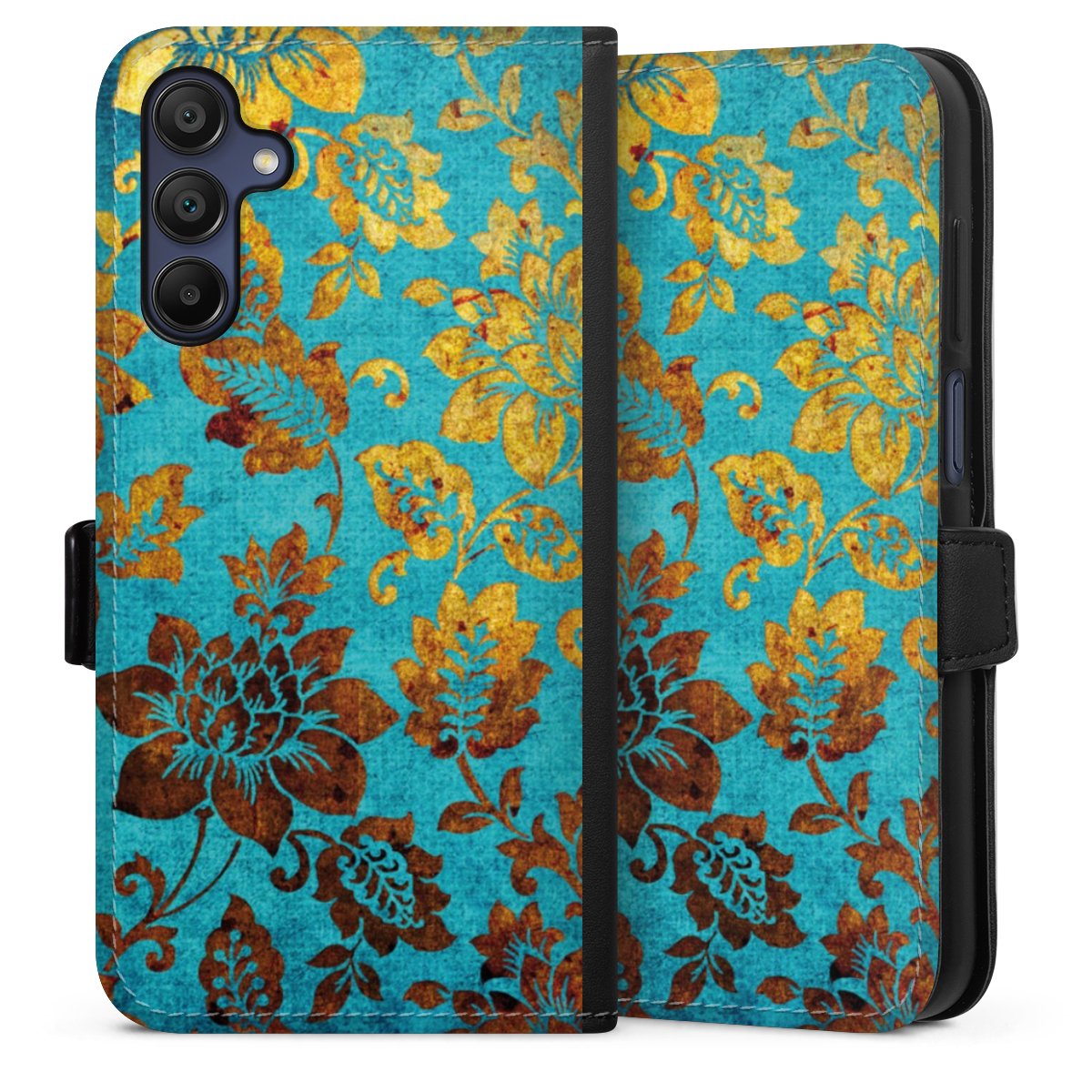 Galaxy A15 5G Handy Klapphülle Handyhülle aus Kunst Leder schwarz Flip Case Ornament Vintage Flowers Sideflip mit Lasche