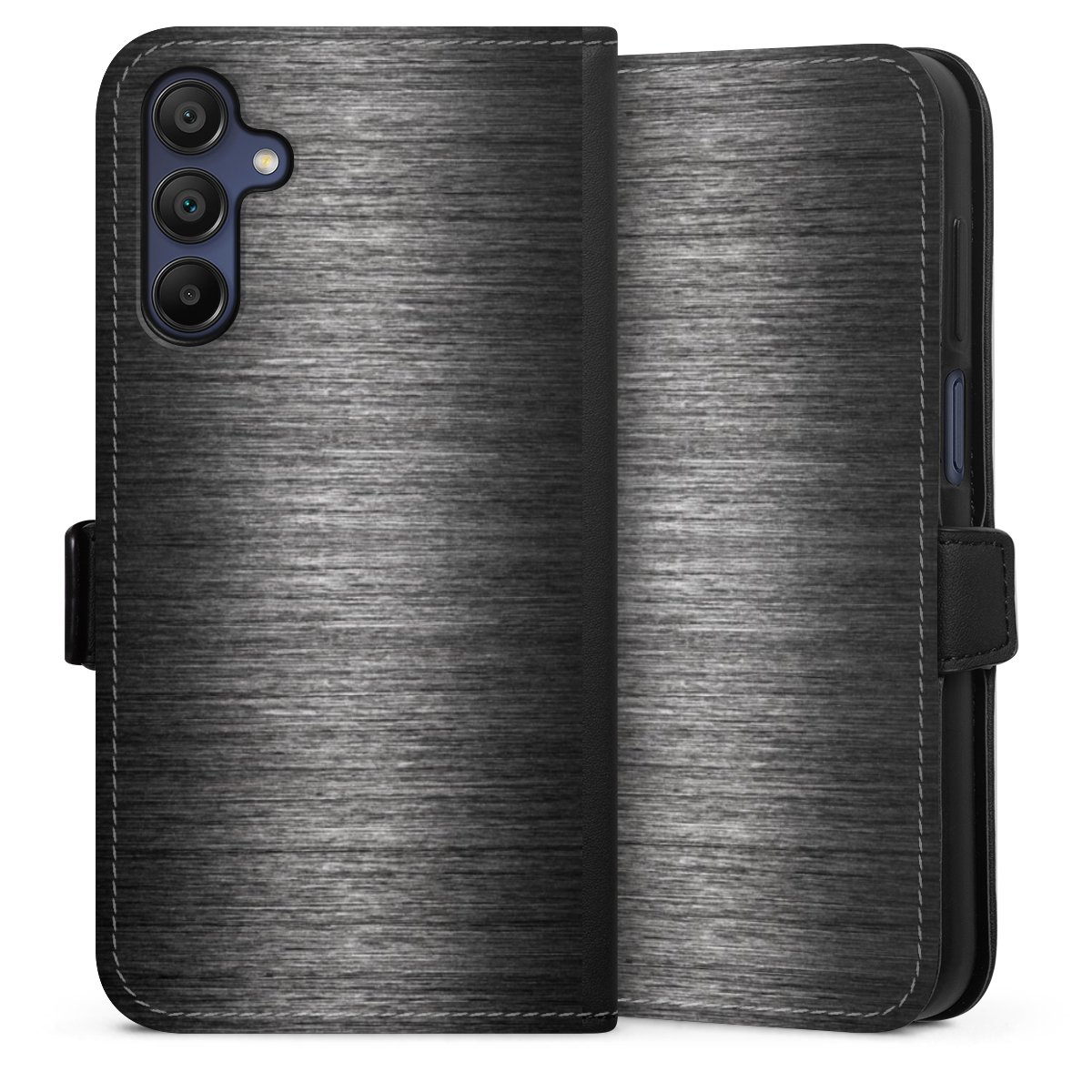 Galaxy A15 5G Handy Klapphülle Handyhülle aus Kunst Leder schwarz Flip Case Metallic Look Anthracite Metal Sideflip mit Lasche