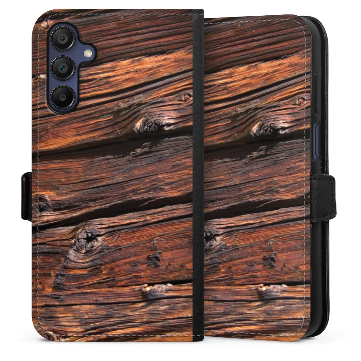 Galaxy A15 5G Handy Klapphülle Handyhülle aus Kunst Leder schwarz Flip Case Beams Wooden Look Wood Sideflip mit Lasche