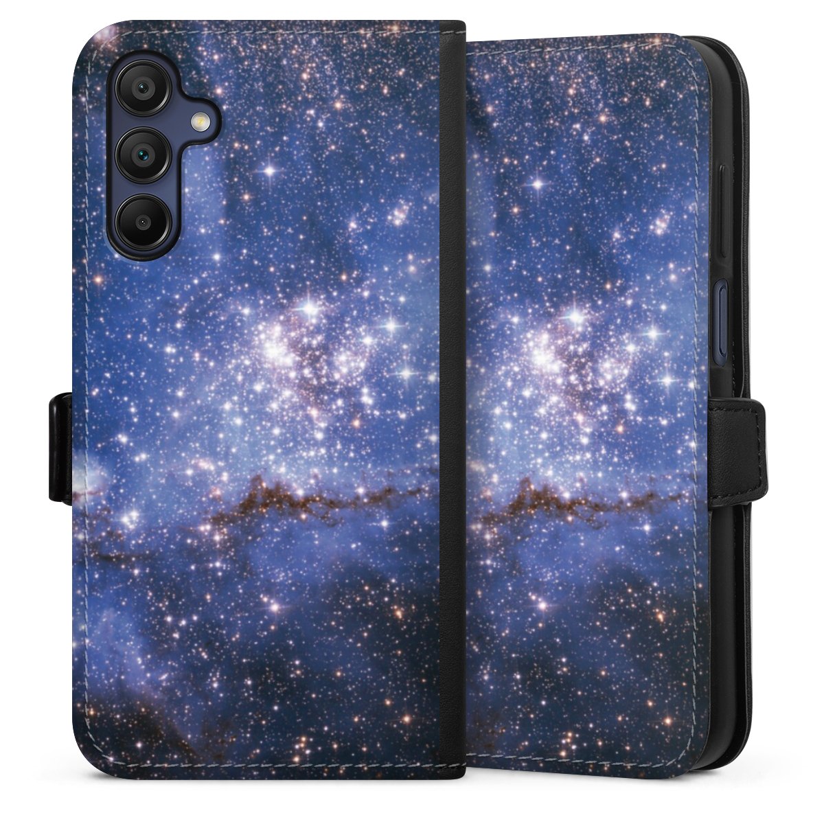 Galaxy A15 5G Handy Klapphülle Handyhülle aus Kunst Leder schwarz Flip Case Weltall Galaxy Weltraum Sideflip mit Lasche