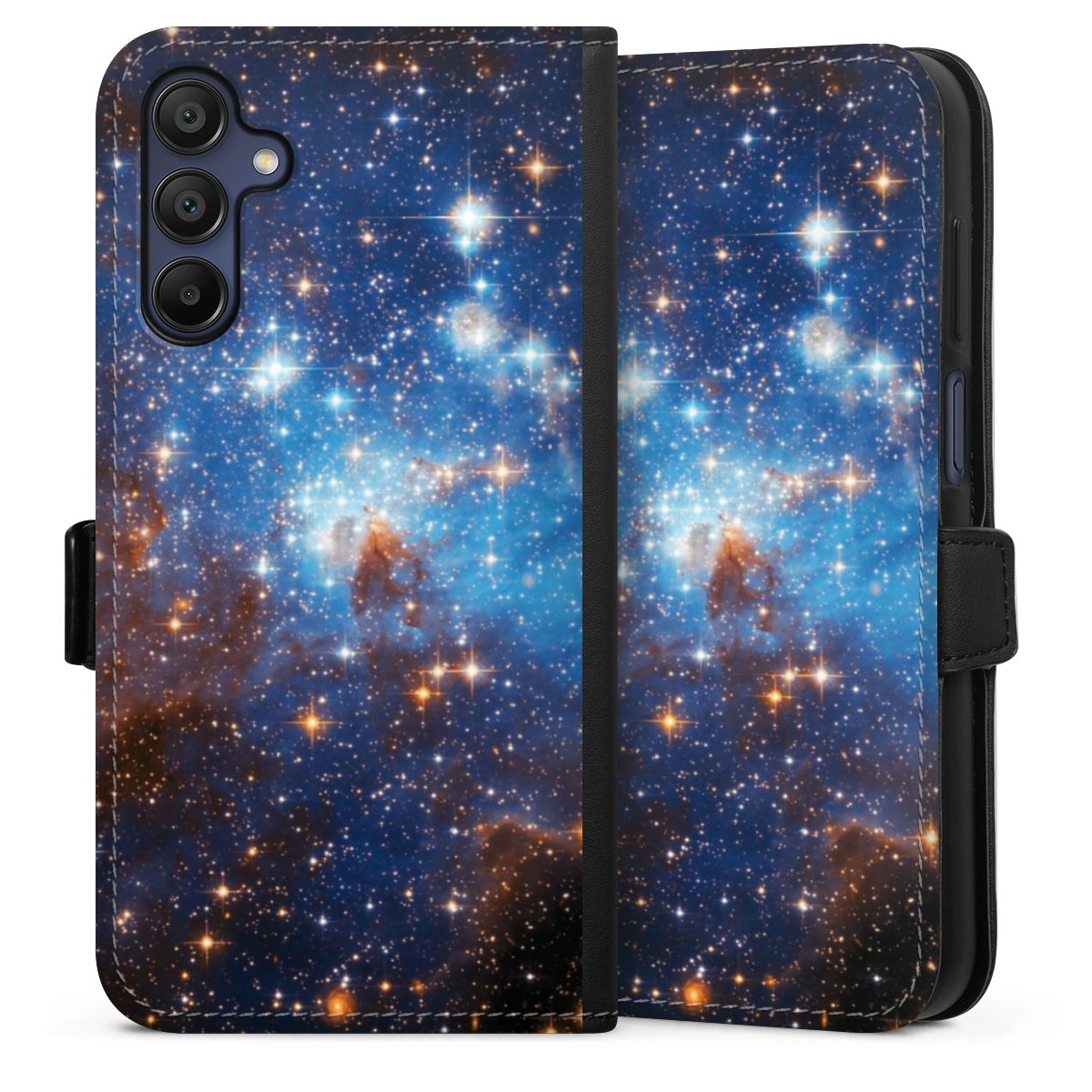 Galaxy A15 5G Handy Klapphülle Handyhülle aus Kunst Leder schwarz Flip Case Star Weltall Galaxy Sideflip mit Lasche