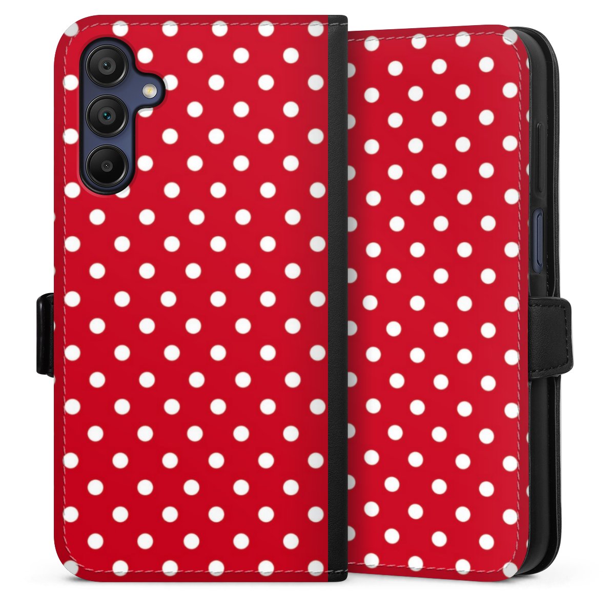 Galaxy A15 5G Handy Klapphülle Handyhülle aus Kunst Leder schwarz Flip Case Points Polka Dots Retro Sideflip mit Lasche