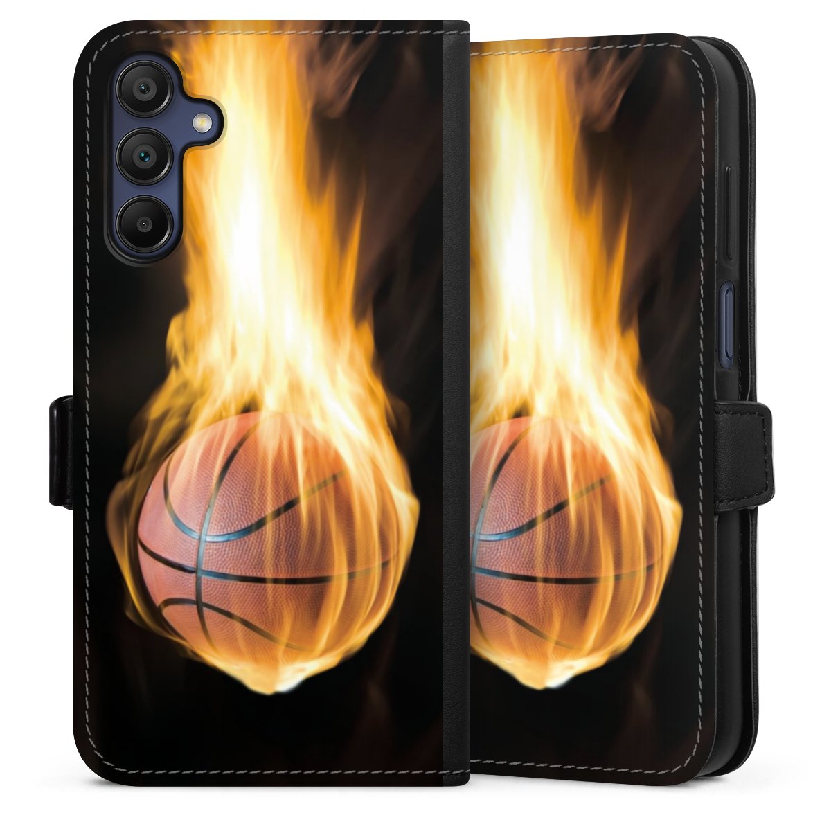 Galaxy A15 5G Handy Klapphülle Handyhülle aus Kunst Leder schwarz Flip Case Basketball Sports Fire Sideflip mit Lasche