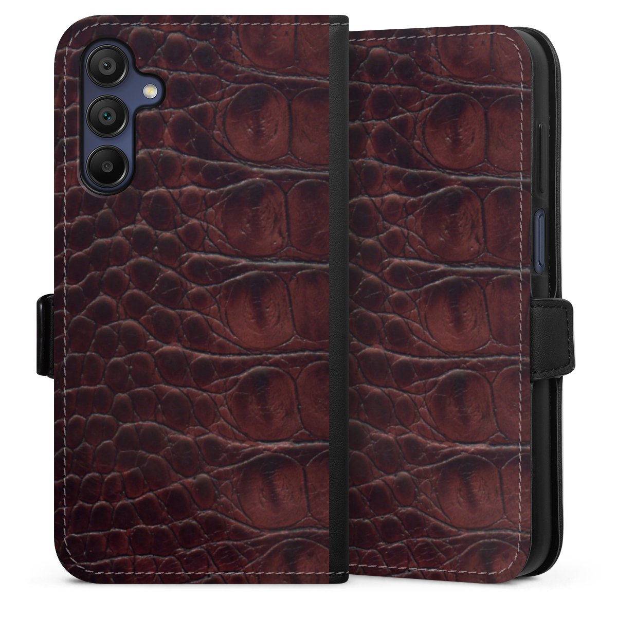 Galaxy A15 5G Handy Klapphülle Handyhülle aus Kunst Leder schwarz Flip Case Crocodile Animal Print Leather Sideflip mit Lasche