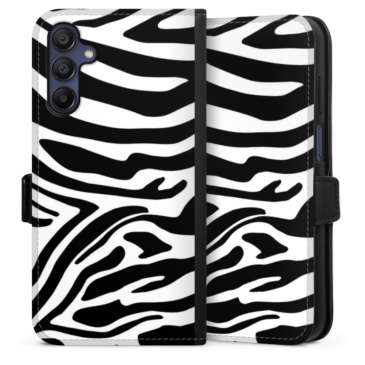 Galaxy A15 5G Handy Klapphülle Handyhülle aus Kunst Leder schwarz Flip Case Zebra Animal Look Animal Print Sideflip mit Lasche