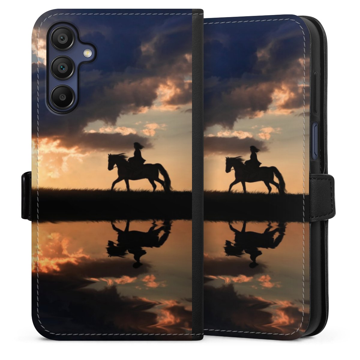 Galaxy A15 5G Handy Klapphülle Handyhülle aus Kunst Leder schwarz Flip Case Horse Sunset Horseback Riding Sideflip mit Lasche