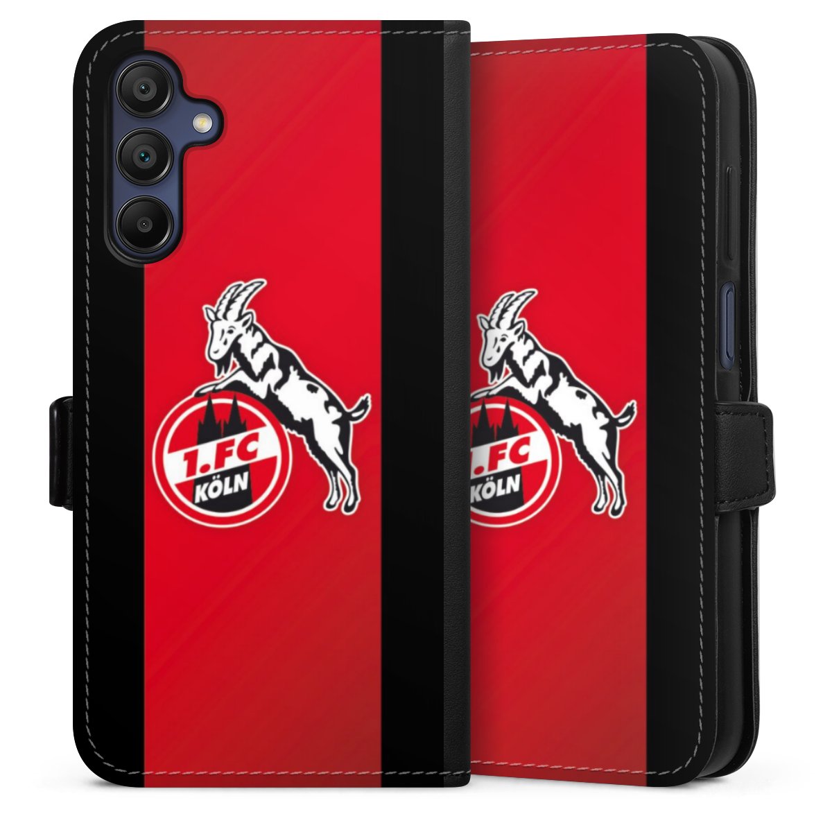 Galaxy A15 5G Handy Klapphülle Handyhülle aus Kunst Leder schwarz Flip Case Official Licensed Product Billy Goat Hennes 1. Fc Köln Sideflip mit Lasche