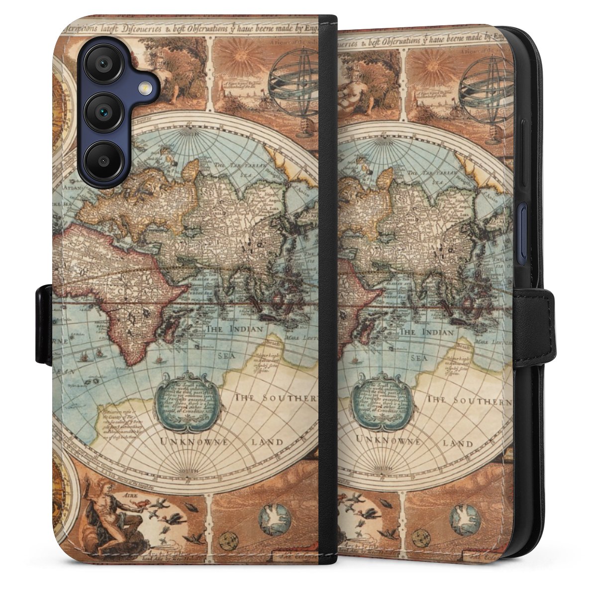 Galaxy A15 5G Handy Klapphülle Handyhülle aus Kunst Leder schwarz Flip Case World Map Vintage Map Sideflip mit Lasche