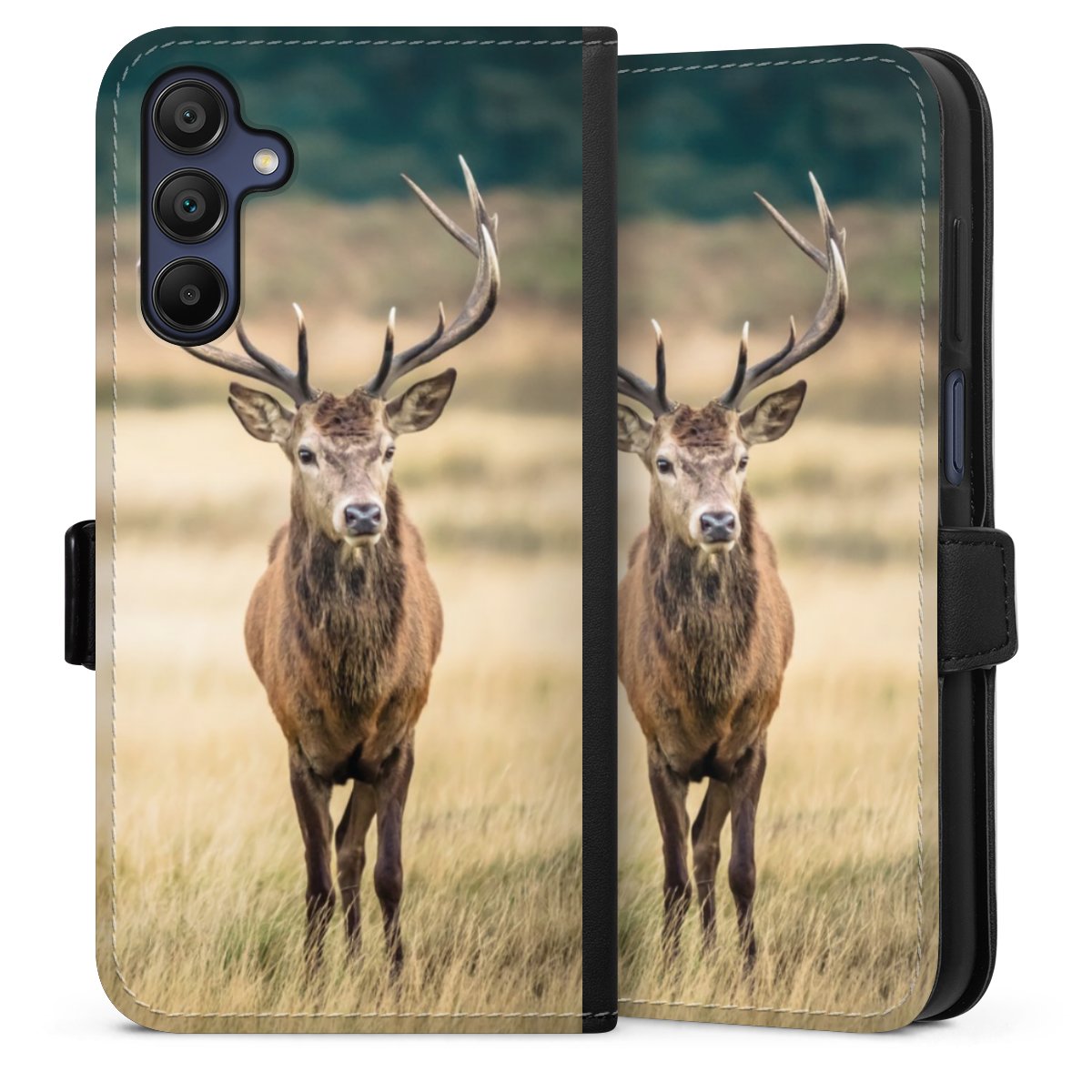 Galaxy A15 5G Handy Klapphülle Handyhülle aus Kunst Leder schwarz Flip Case Deer Meadow Forrest Sideflip mit Lasche