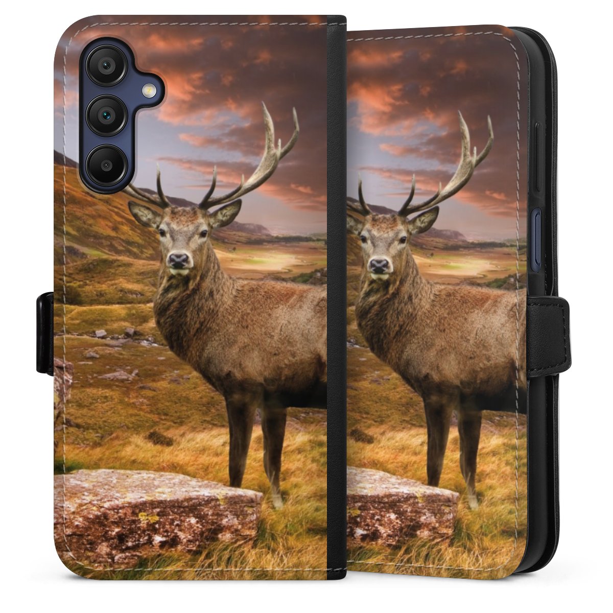 Galaxy A15 5G Handy Klapphülle Handyhülle aus Kunst Leder schwarz Flip Case Meadow Mountain Deer Sideflip mit Lasche