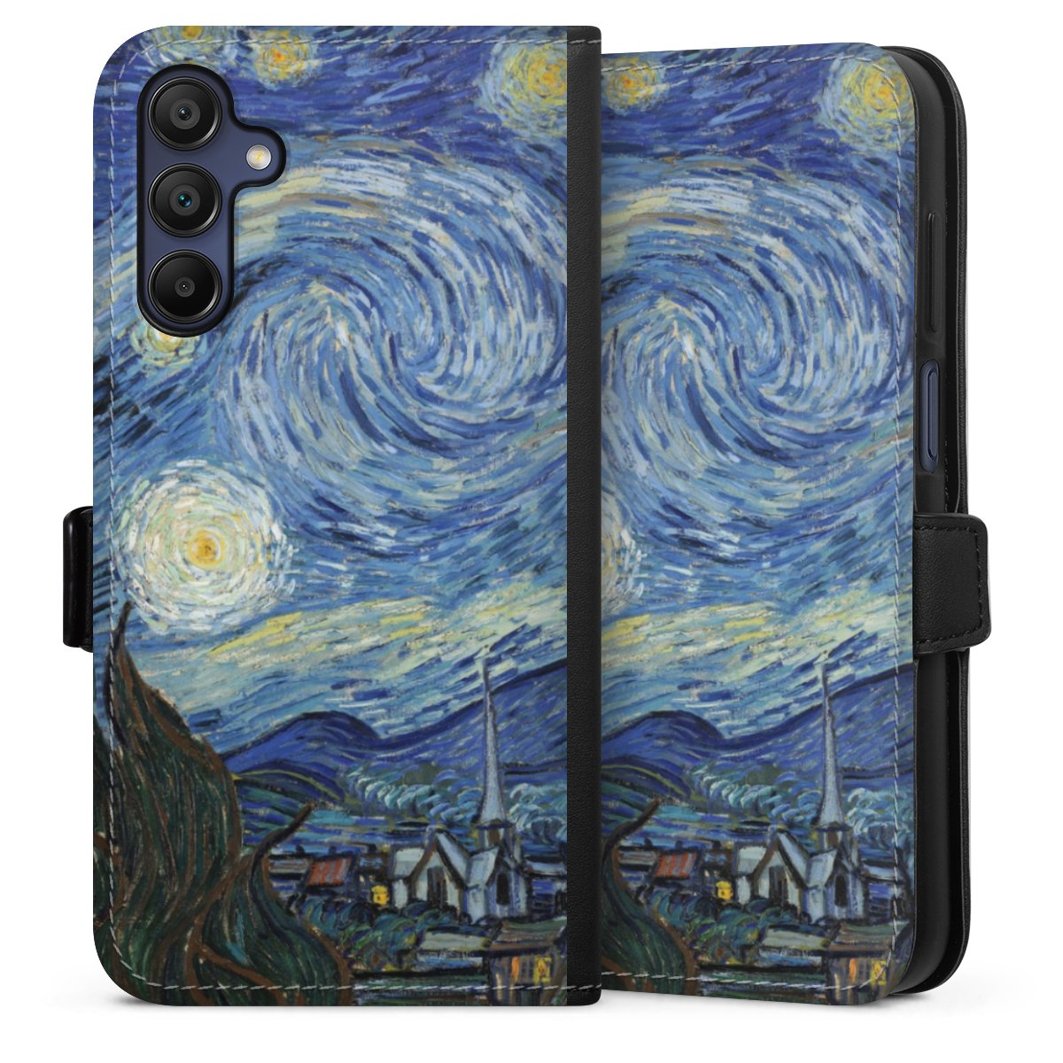 Galaxy A15 5G Handy Klapphülle Handyhülle aus Kunst Leder schwarz Flip Case The Starry Night Kunst Vincent Van Gogh Sideflip mit Lasche