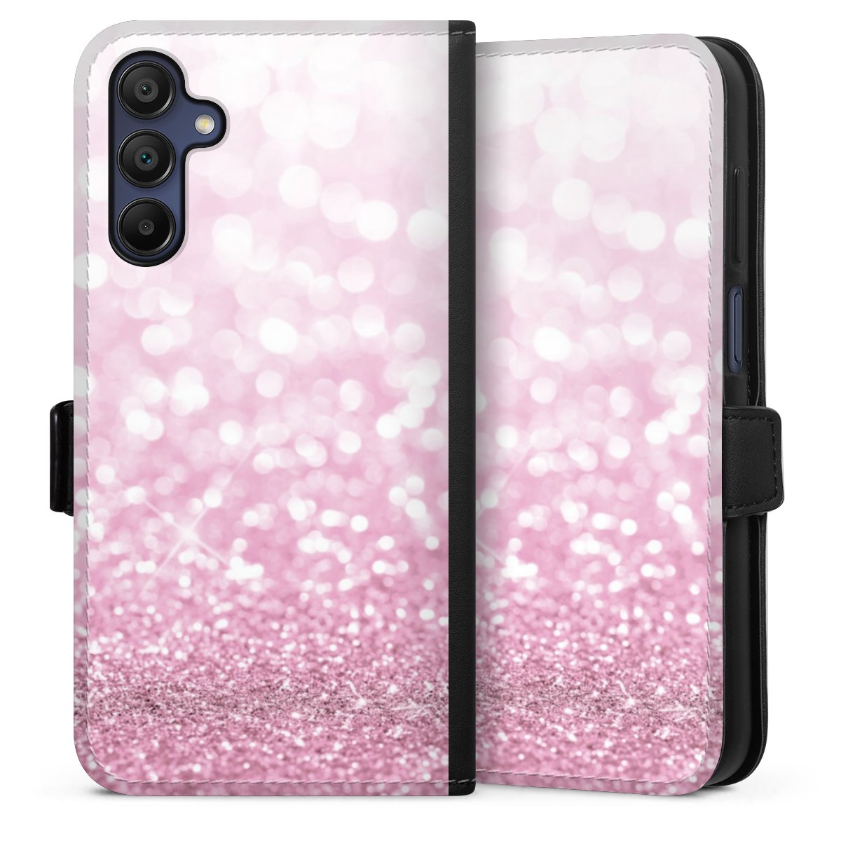 Galaxy A15 5G Handy Klapphülle Handyhülle aus Kunst Leder schwarz Flip Case Glitzer Pink Shine Sideflip mit Lasche