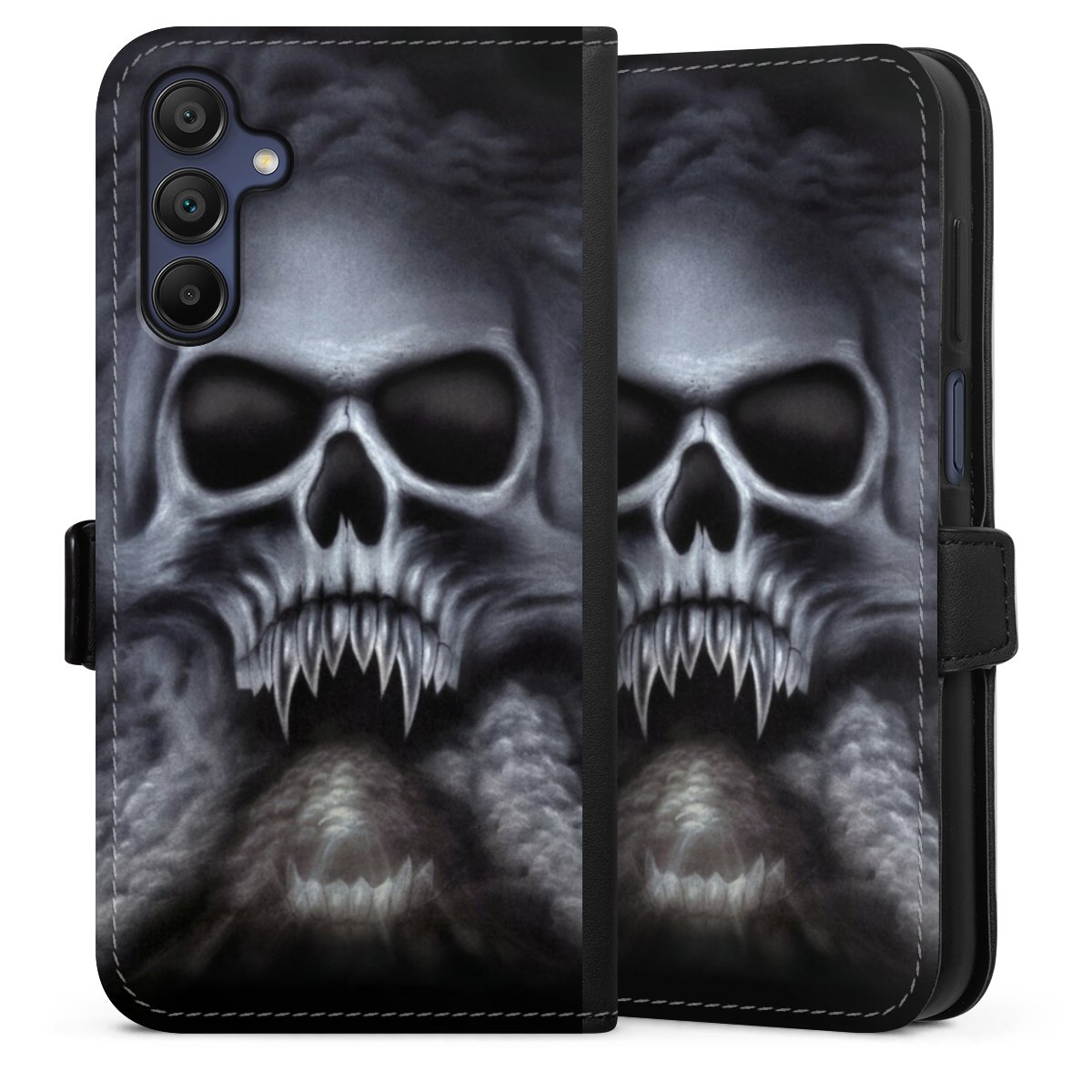 Galaxy A15 5G Handy Klapphülle Handyhülle aus Kunst Leder schwarz Flip Case Totenkopf Skull Sideflip mit Lasche