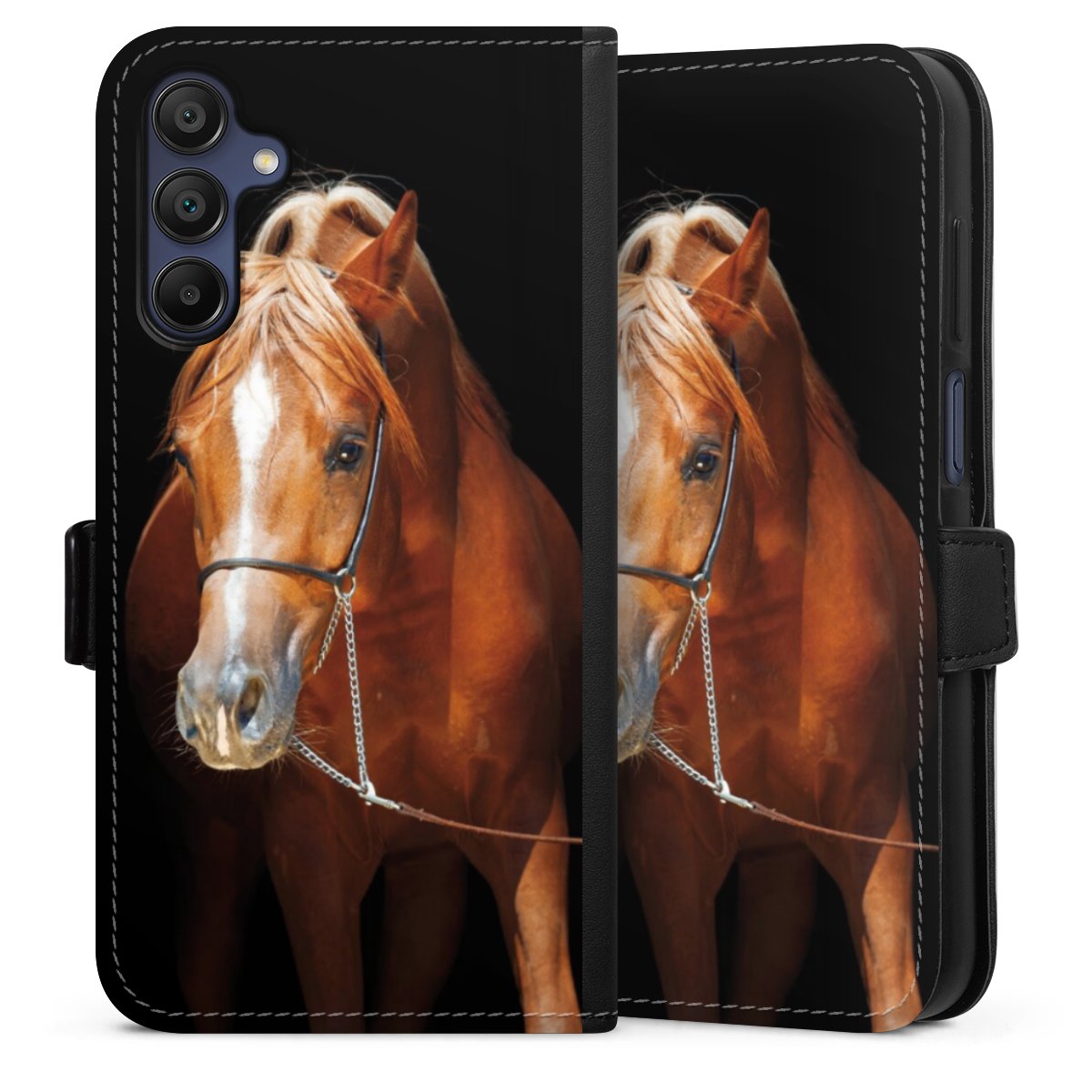 Galaxy A15 5G Handy Klapphülle Handyhülle aus Kunst Leder schwarz Flip Case Mare Horse Hobby Sideflip mit Lasche