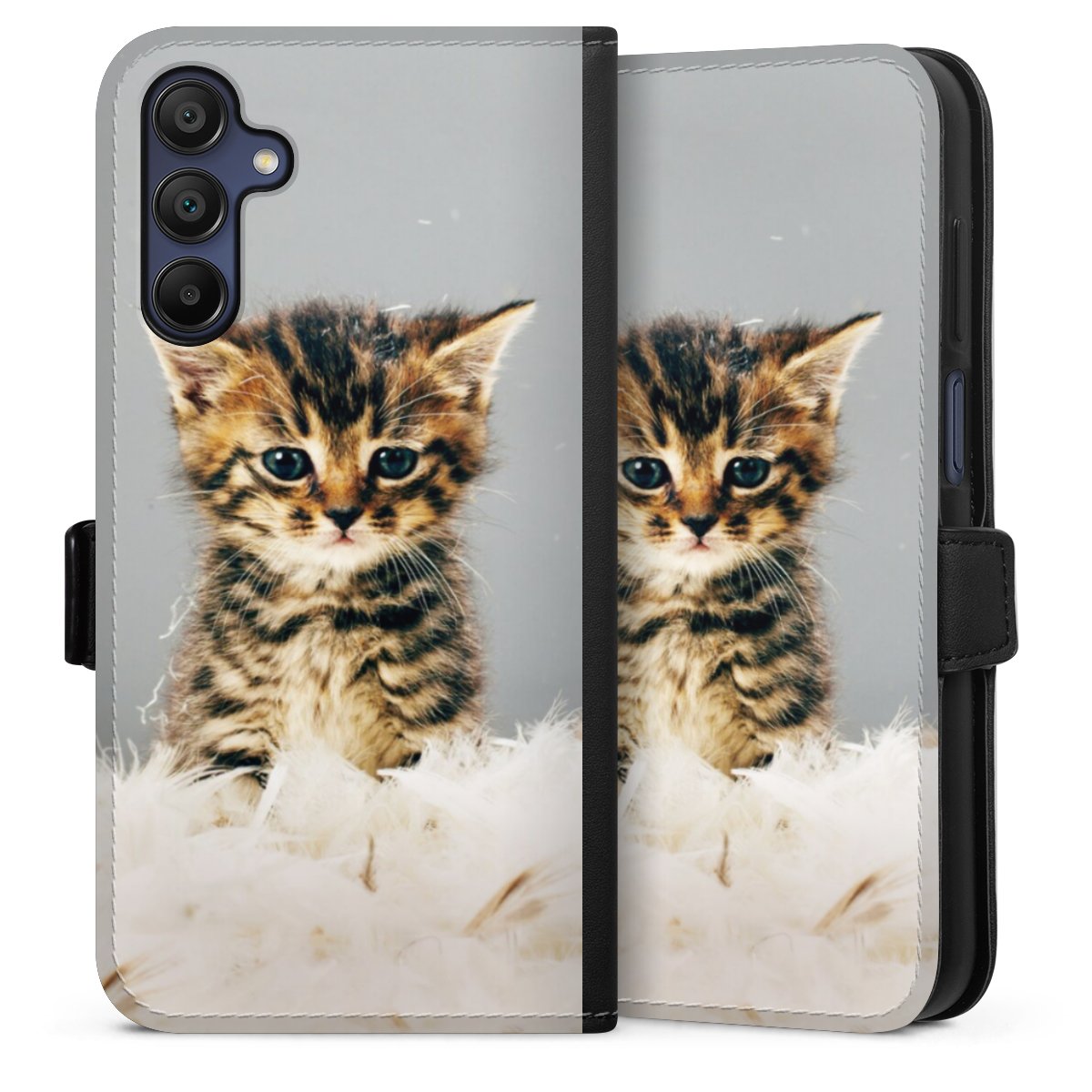 Galaxy A15 5G Handy Klapphülle Handyhülle aus Kunst Leder schwarz Flip Case Cat Feather Pet Sideflip mit Lasche