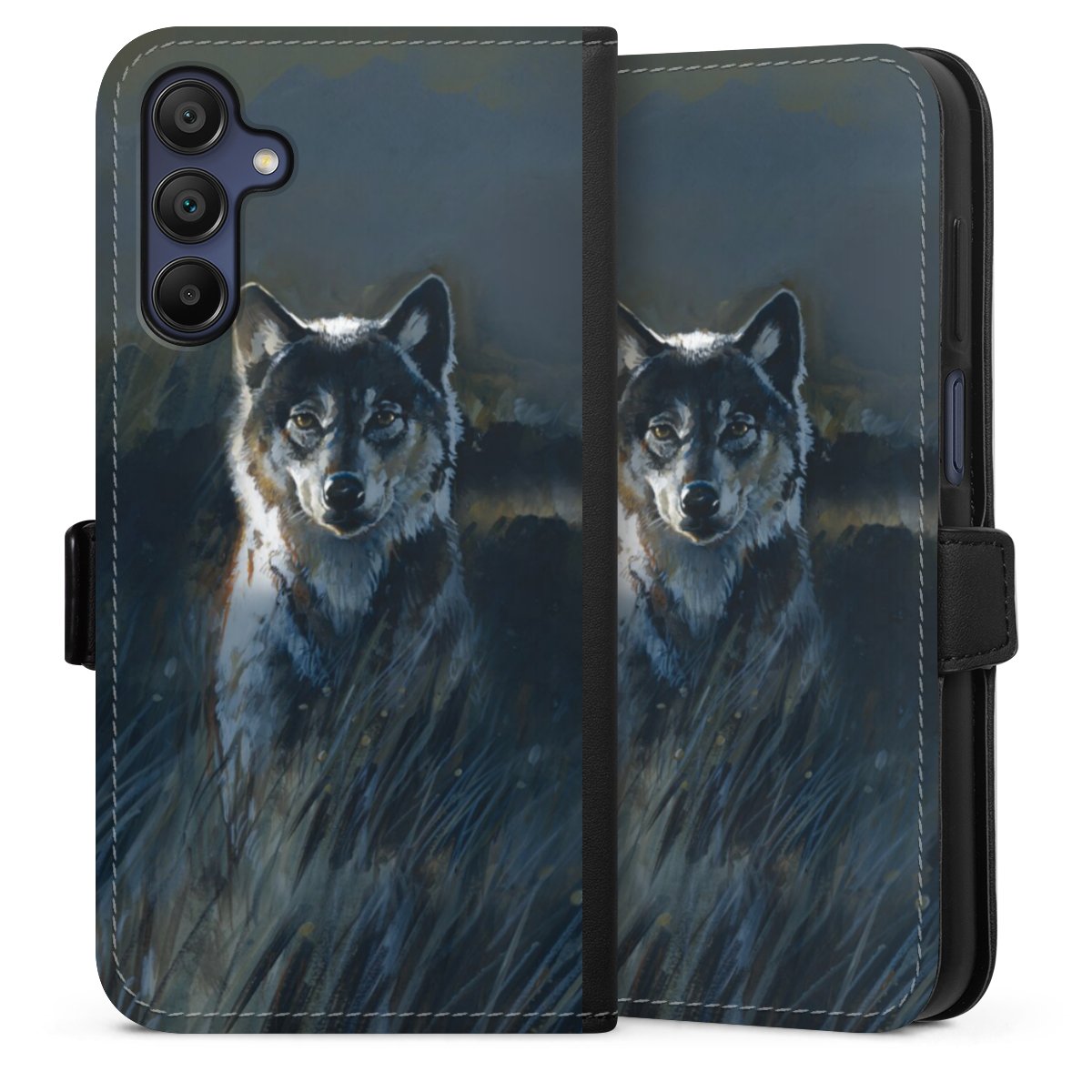 Galaxy A15 5G Handy Klapphülle Handyhülle aus Kunst Leder schwarz Flip Case Nature Wolf Painting Sideflip mit Lasche