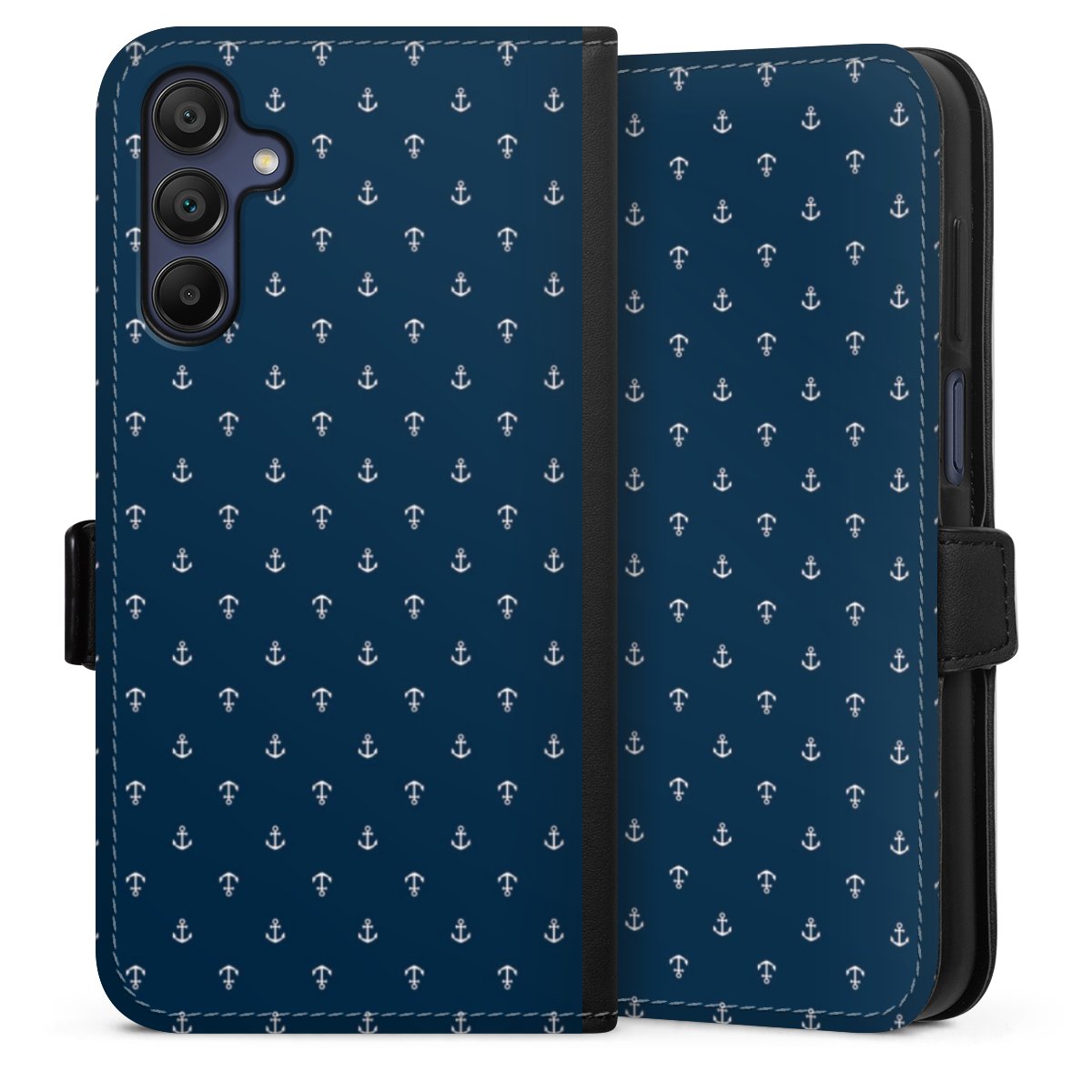 Galaxy A15 5G Handy Klapphülle Handyhülle aus Kunst Leder schwarz Flip Case Muster Anchor Sail Sideflip mit Lasche