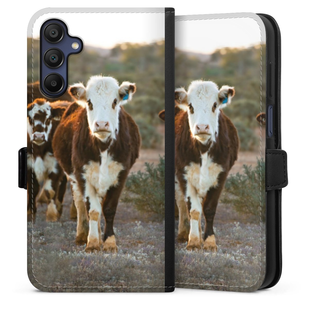 Galaxy A15 5G Handy Klapphülle Handyhülle aus Kunst Leder schwarz Flip Case Cow Farmer Calf Sideflip mit Lasche