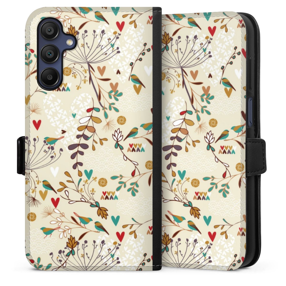 Galaxy A15 5G Handy Klapphülle Handyhülle aus Kunst Leder schwarz Flip Case Bird Flowers Retro Sideflip mit Lasche