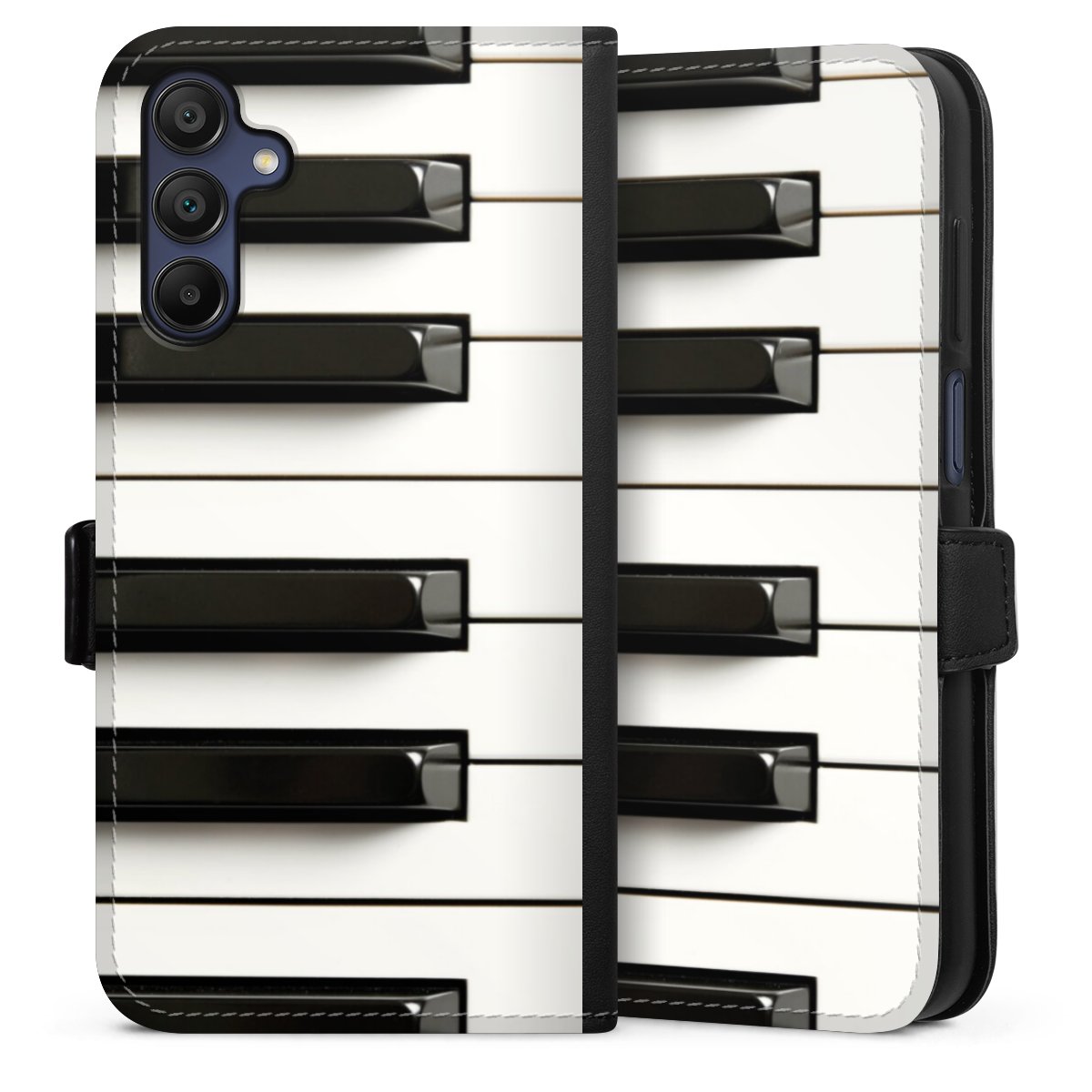 Galaxy A15 5G Handy Klapphülle Handyhülle aus Kunst Leder schwarz Flip Case Klavier Piano Music Sideflip mit Lasche