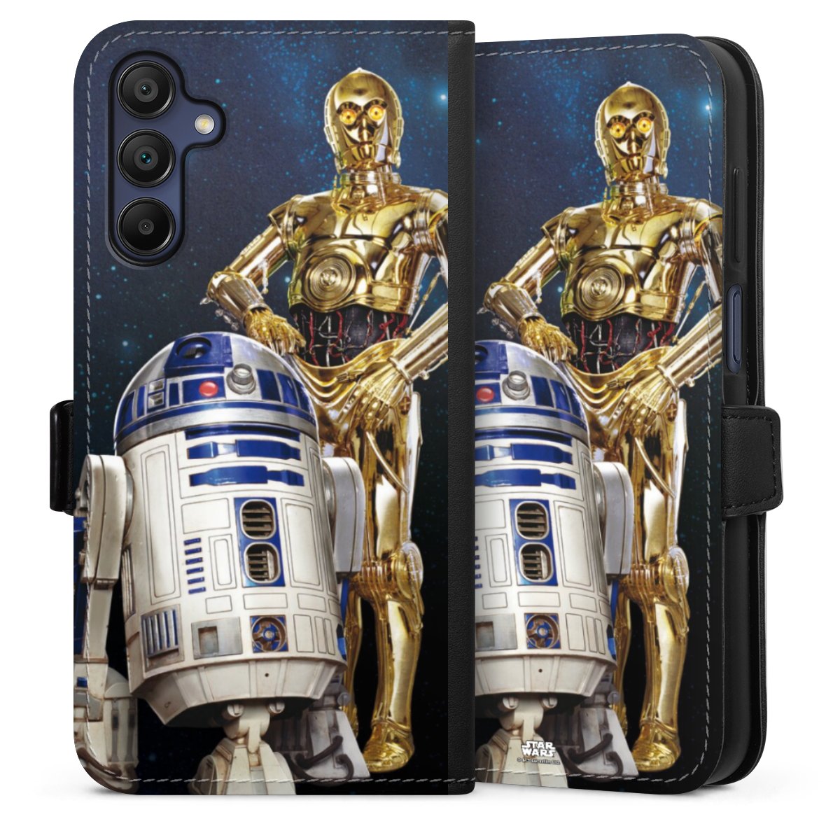 Galaxy A15 5G Handy Klapphülle Handyhülle aus Kunst Leder schwarz Flip Case Weltall Star Wars R2d2 Sideflip mit Lasche