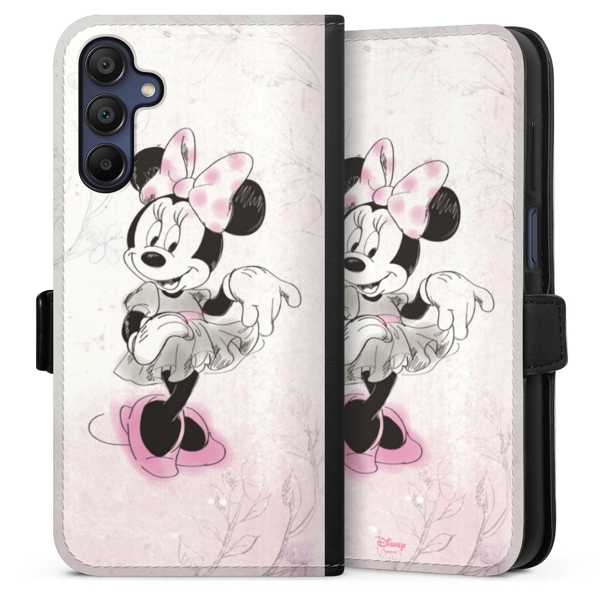 Galaxy A15 5G Handy Klapphülle Handyhülle aus Kunst Leder schwarz Flip Case Disney Minnie Mouse Vintage Sideflip mit Lasche