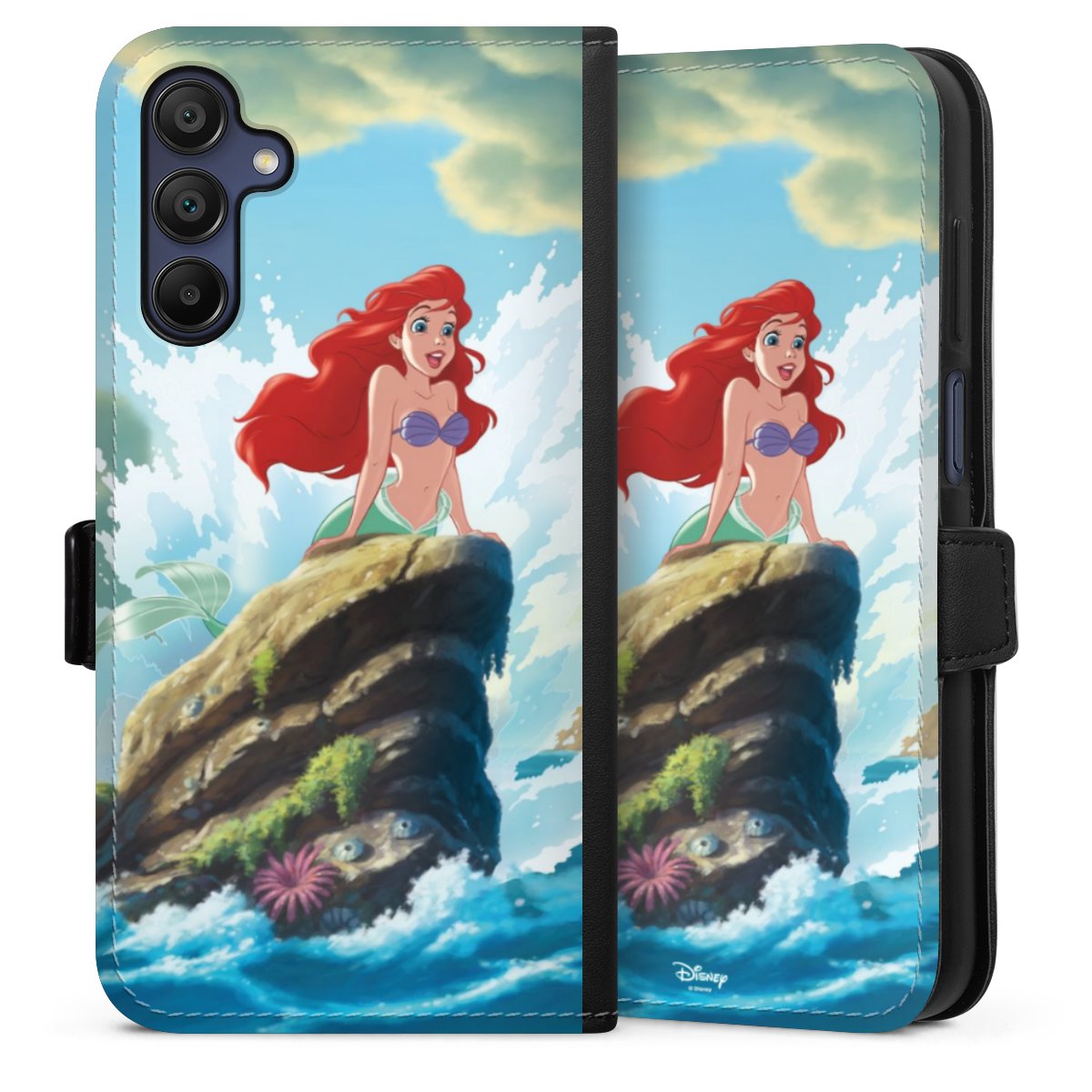 Galaxy A15 5G Handy Klapphülle Handyhülle aus Kunst Leder schwarz Flip Case Mermaid Arielle Die Meerjungfrau Official Licensed Product Sideflip mit Lasche