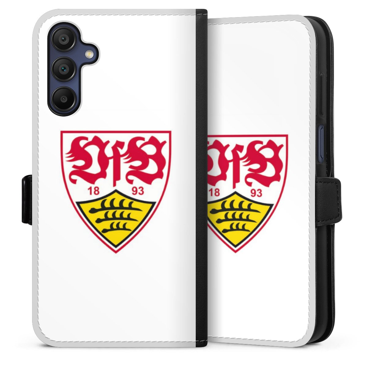 Galaxy A15 5G Handy Klapphülle Handyhülle aus Kunst Leder schwarz Flip Case Logo Official Licensed Product Vfb Stuttgart Sideflip mit Lasche