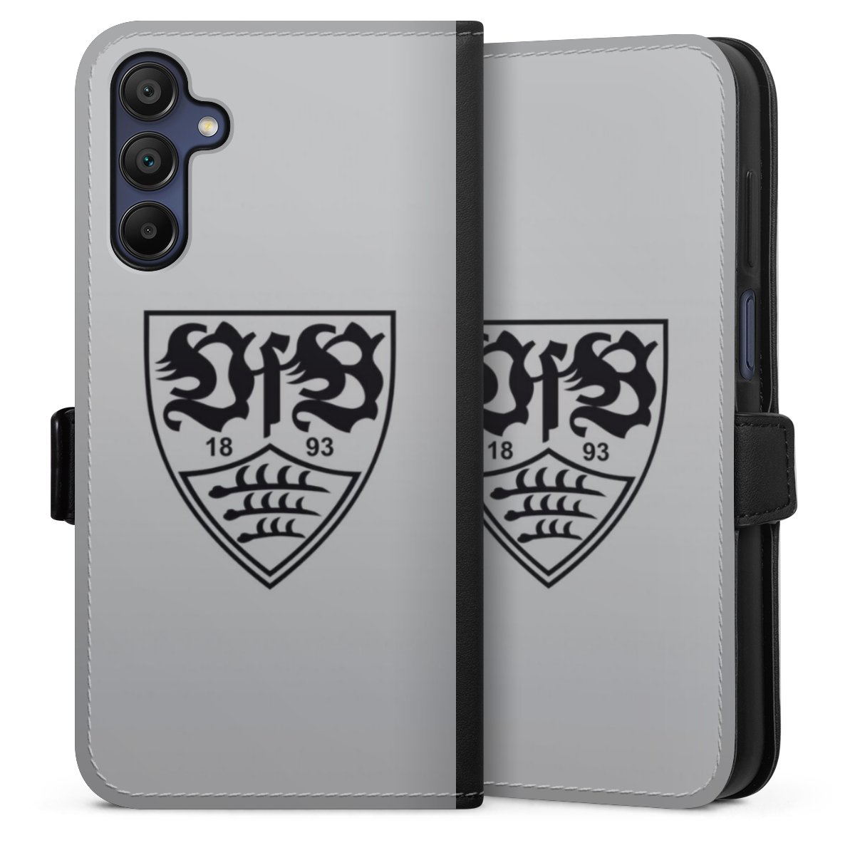 Galaxy A15 5G Handy Klapphülle Handyhülle aus Kunst Leder schwarz Flip Case Logo Vfb Stuttgart Official Licensed Product Sideflip mit Lasche