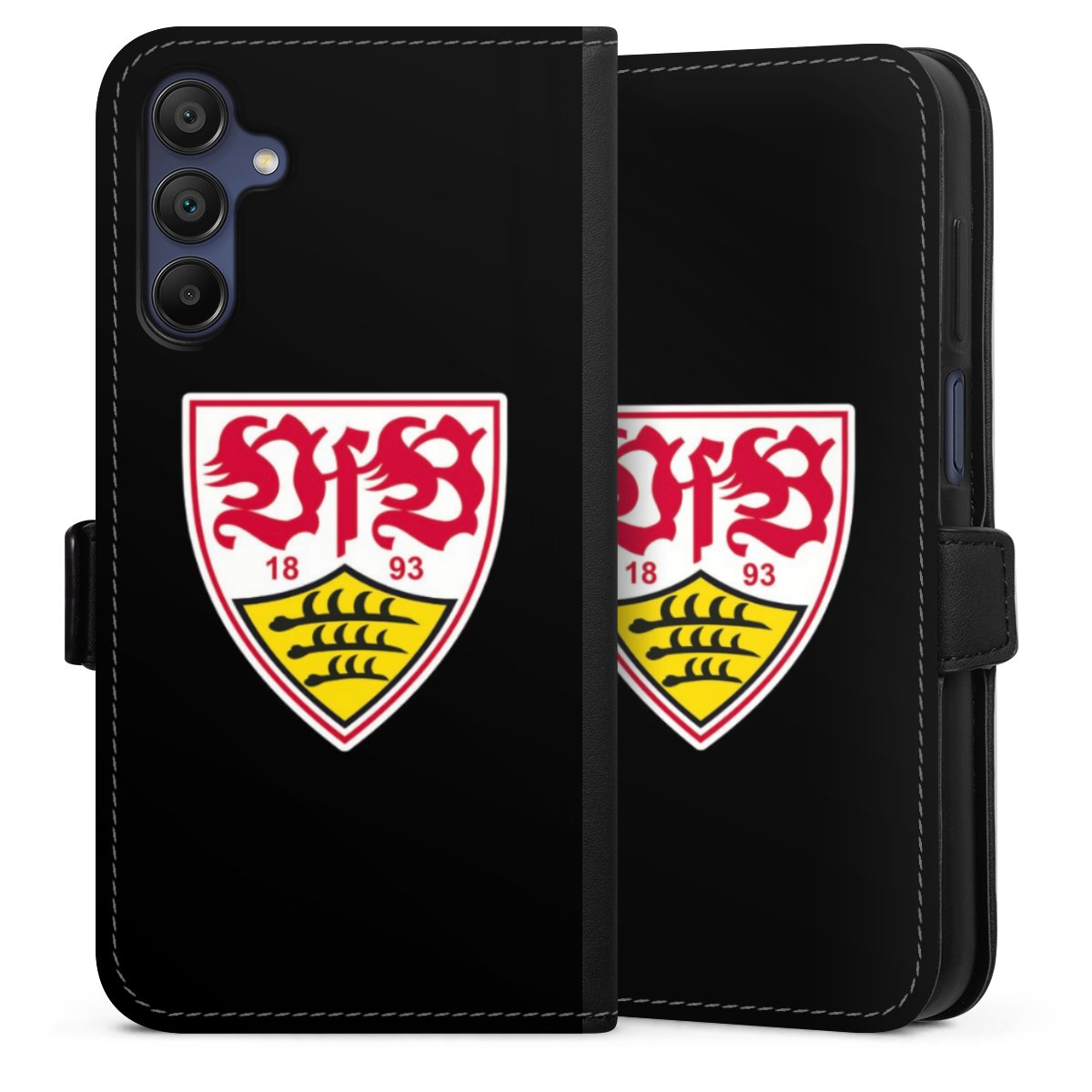 Galaxy A15 5G Handy Klapphülle Handyhülle aus Kunst Leder schwarz Flip Case Vfb Stuttgart Official Licensed Product Coat Of Arms Sideflip mit Lasche