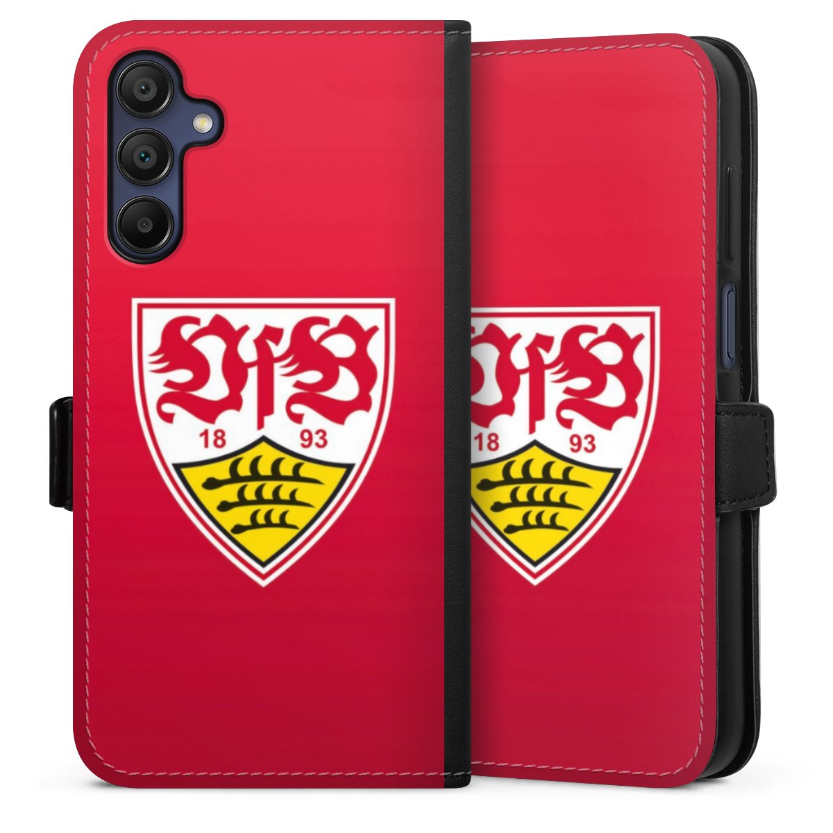 Galaxy A15 5G Handy Klapphülle Handyhülle aus Kunst Leder schwarz Flip Case Official Licensed Product Vfb Stuttgart Sideflip mit Lasche