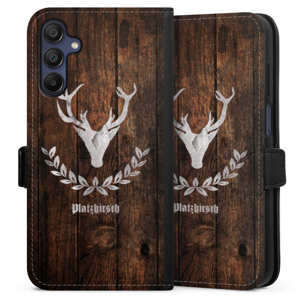 Galaxy A15 5G Handy Klapphülle Handyhülle aus Kunst Leder schwarz Flip Case Deer Wood Wooden Look Sideflip mit Lasche