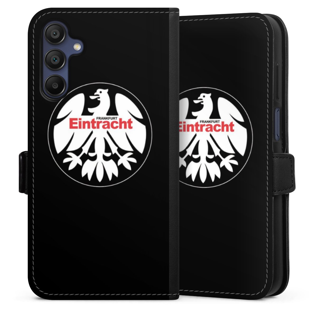 Galaxy A15 5G Handy Klapphülle Handyhülle aus Kunst Leder schwarz Flip Case Official Licensed Product Eintracht Frankfurt Sge Sideflip mit Lasche